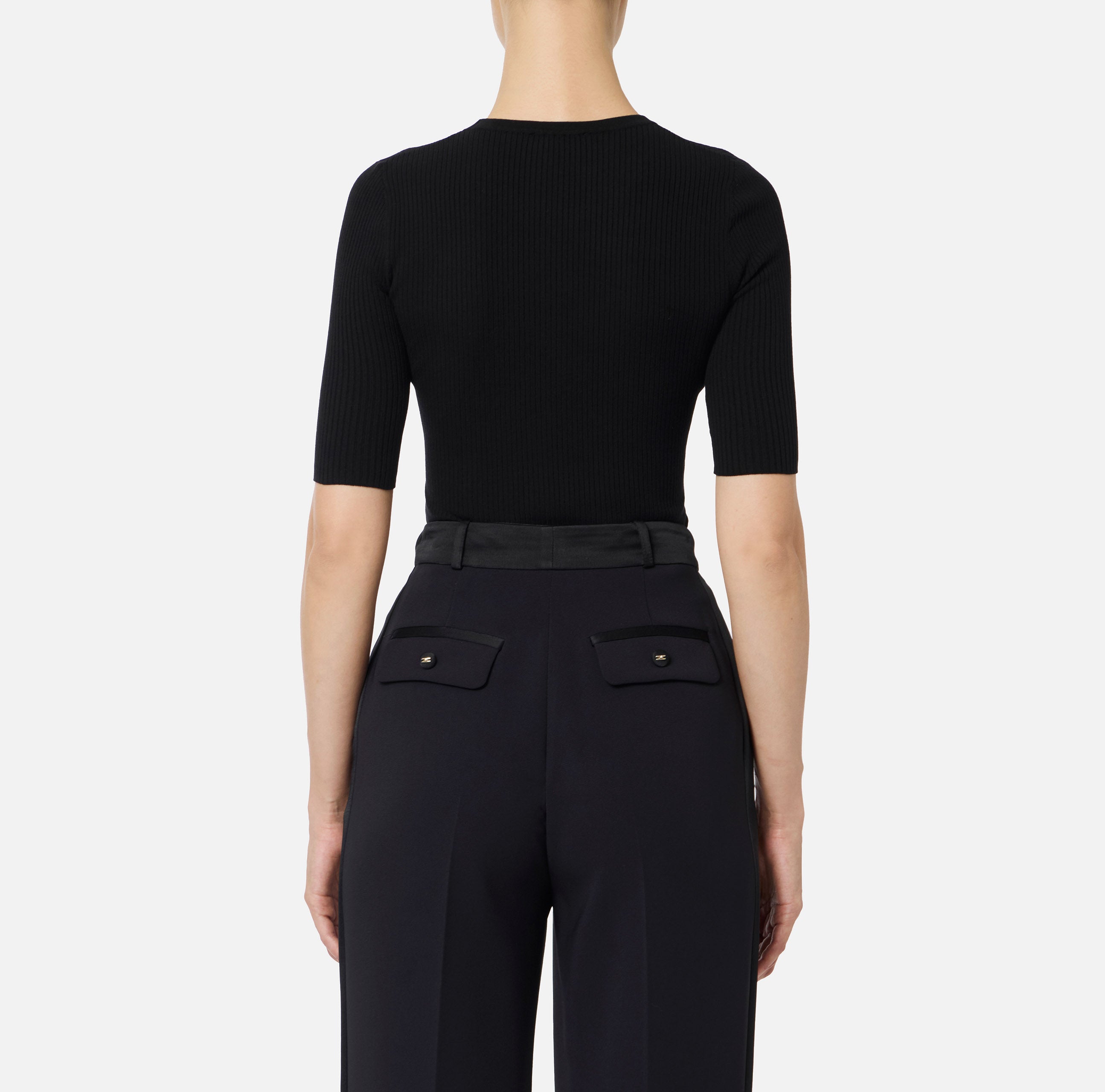 ELISABETTA FRANCHI Maglia Girocollo Costine Taschino Logo-Nero