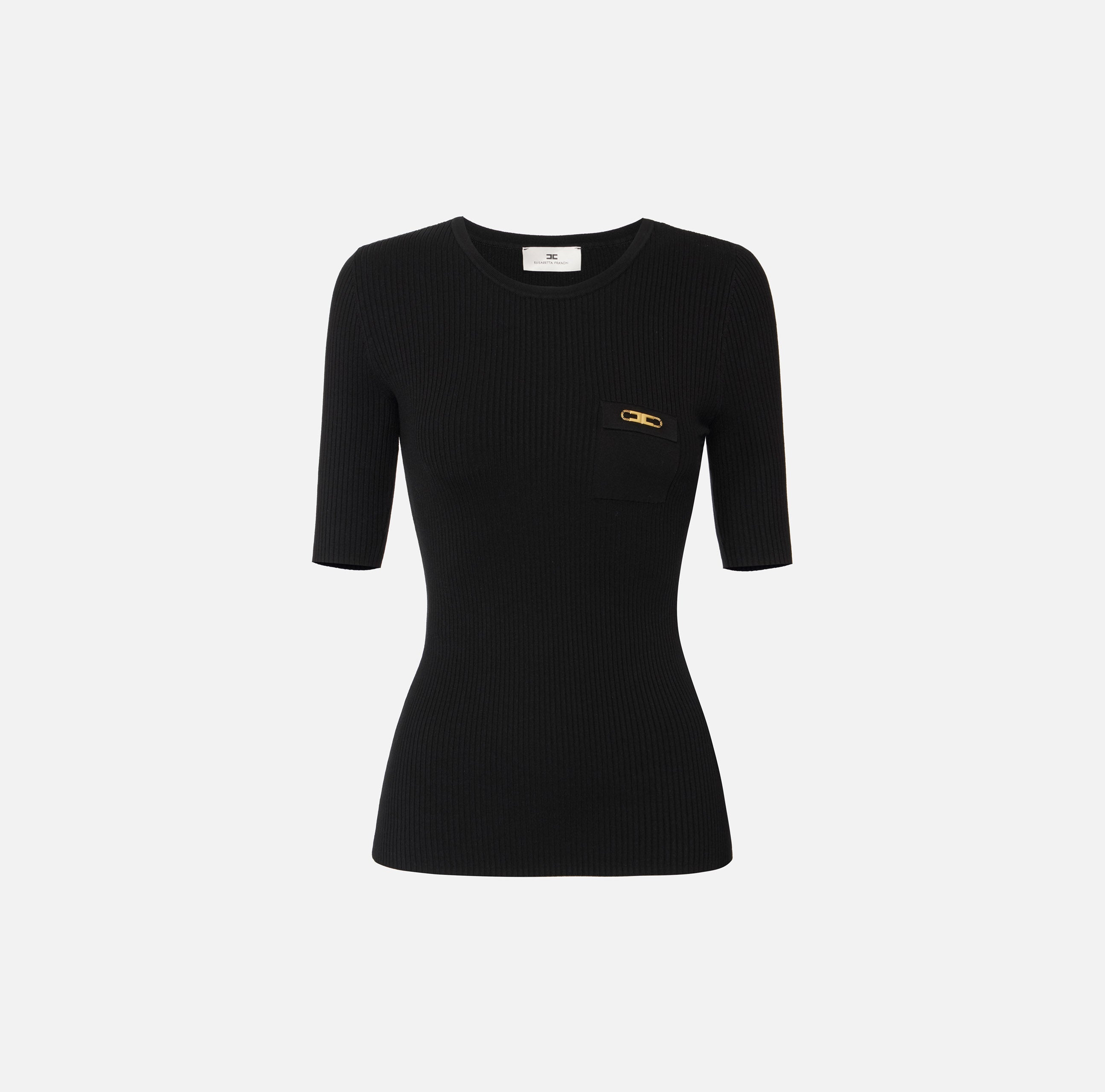 ELISABETTA FRANCHI Maglia Girocollo Costine Taschino Logo-Nero