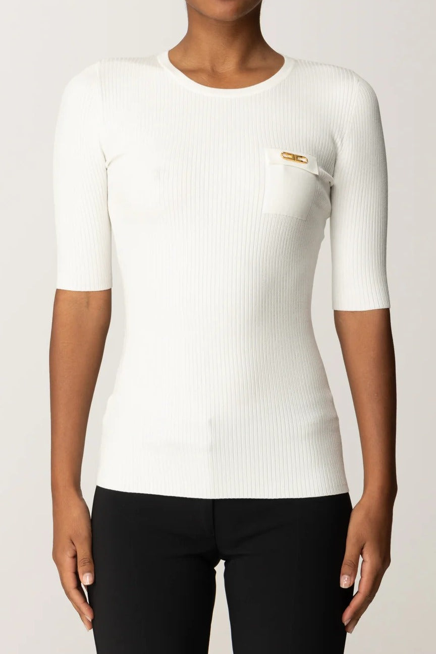 ELISABETTA FRANCHI Maglia Girocollo Costine Taschino Logo-Avorio