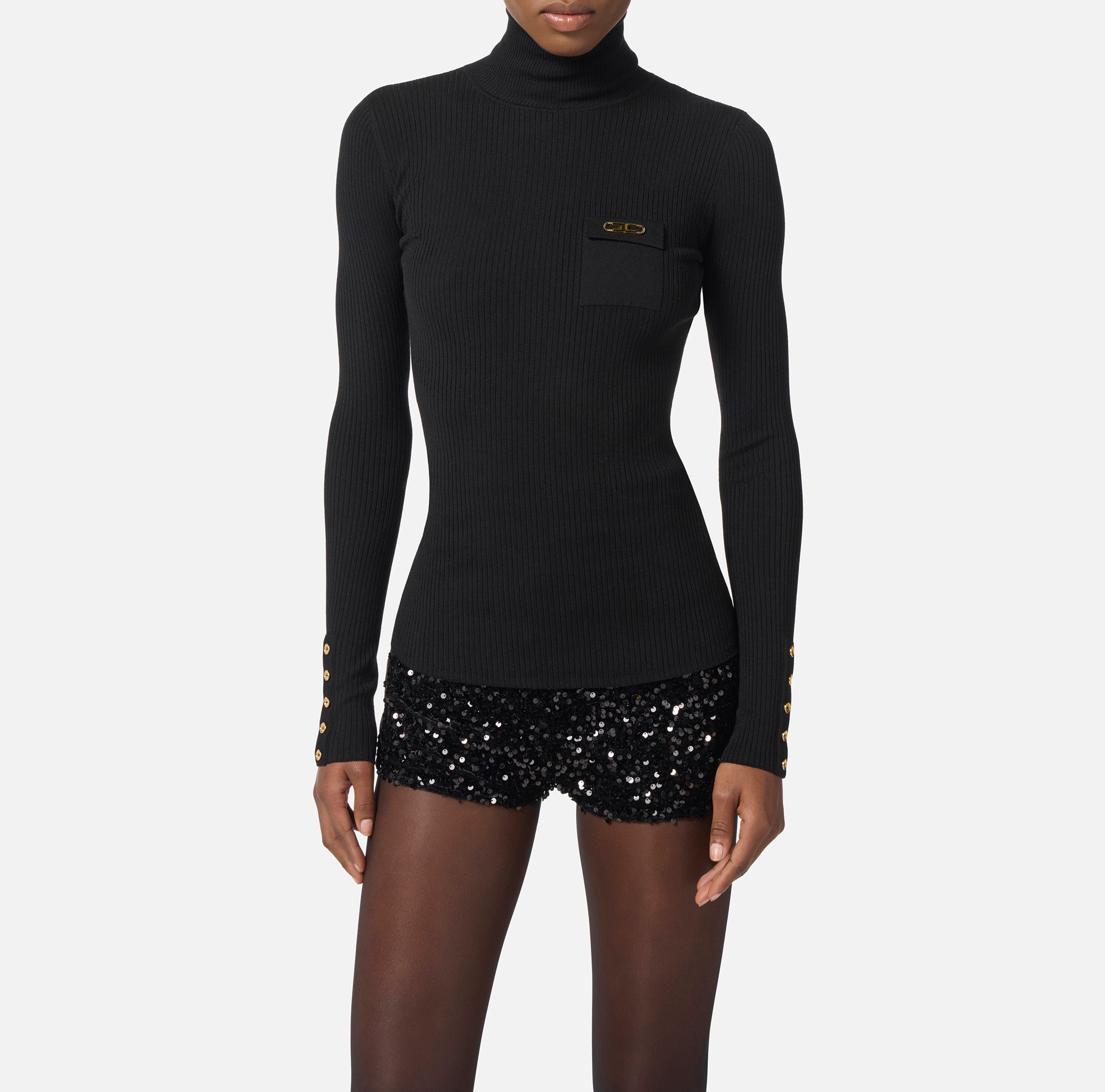ELISABETTA FRANCHI Maglia Dolcevita Costine Taschino Logo-Nero