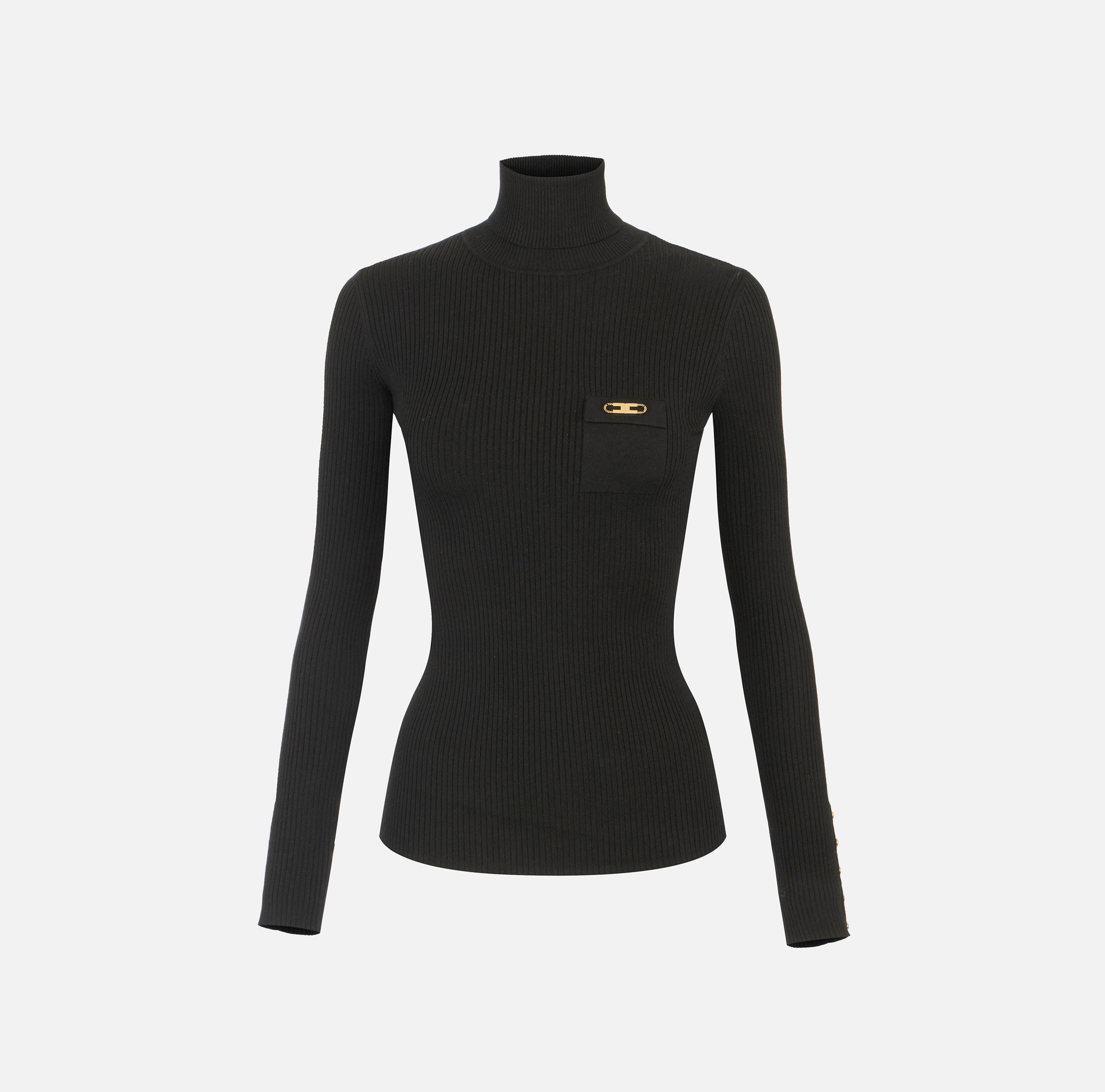 ELISABETTA FRANCHI Maglia Dolcevita Costine Taschino Logo-Nero