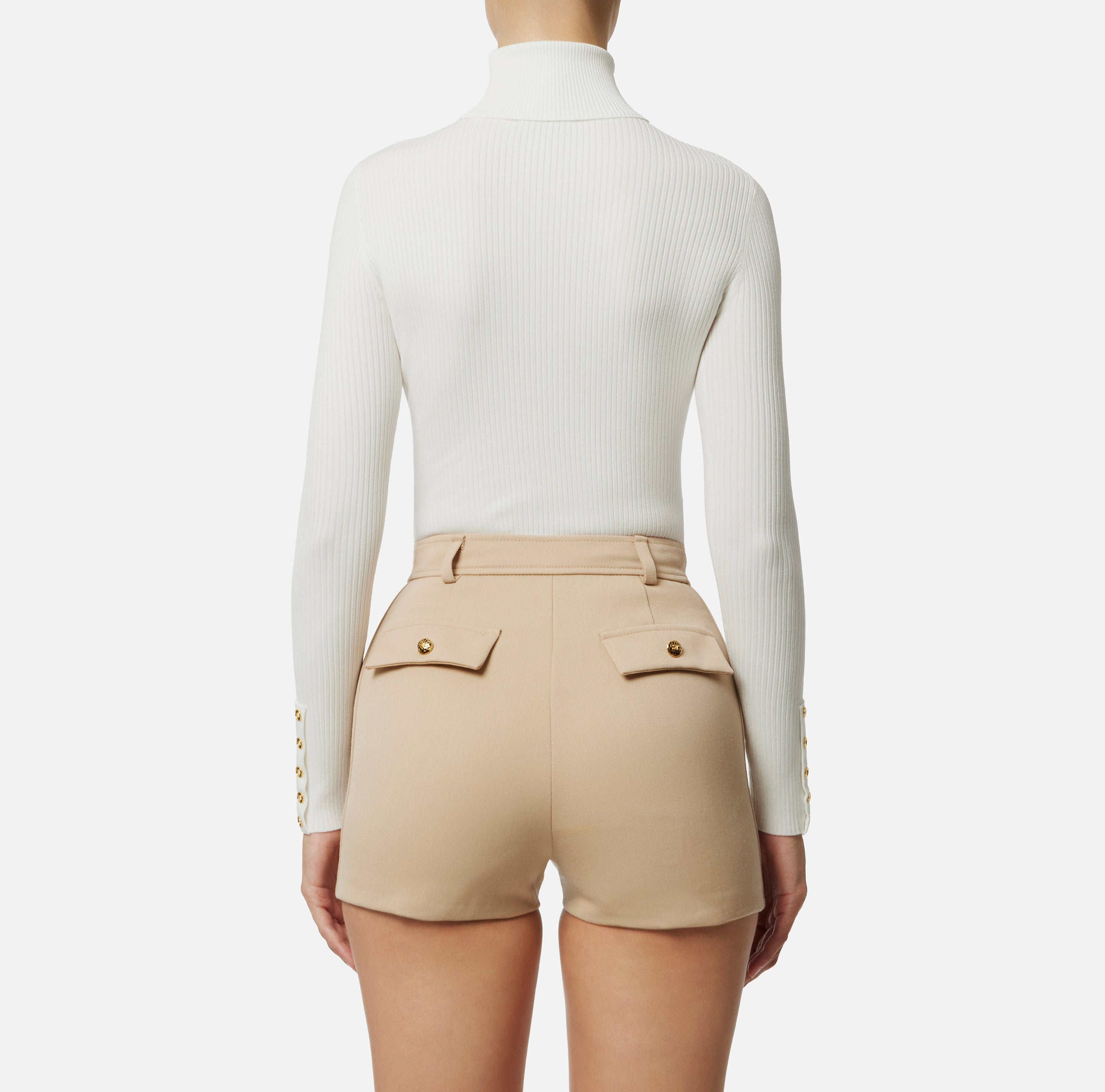 ELISABETTA FRANCHI Maglia Dolcevita Costine Taschino Logo-Avorio