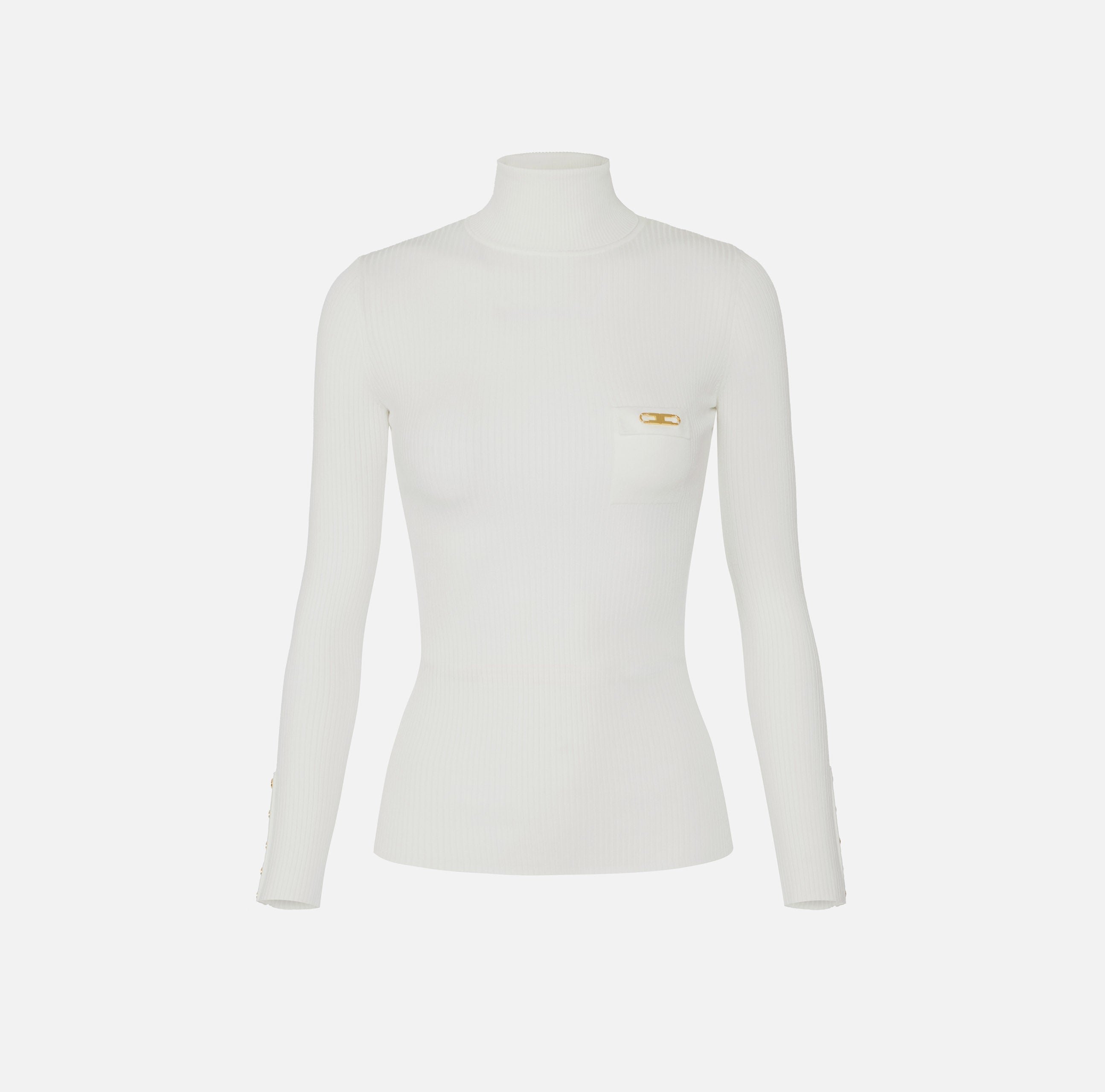 ELISABETTA FRANCHI Maglia Dolcevita Costine Taschino Logo-Avorio