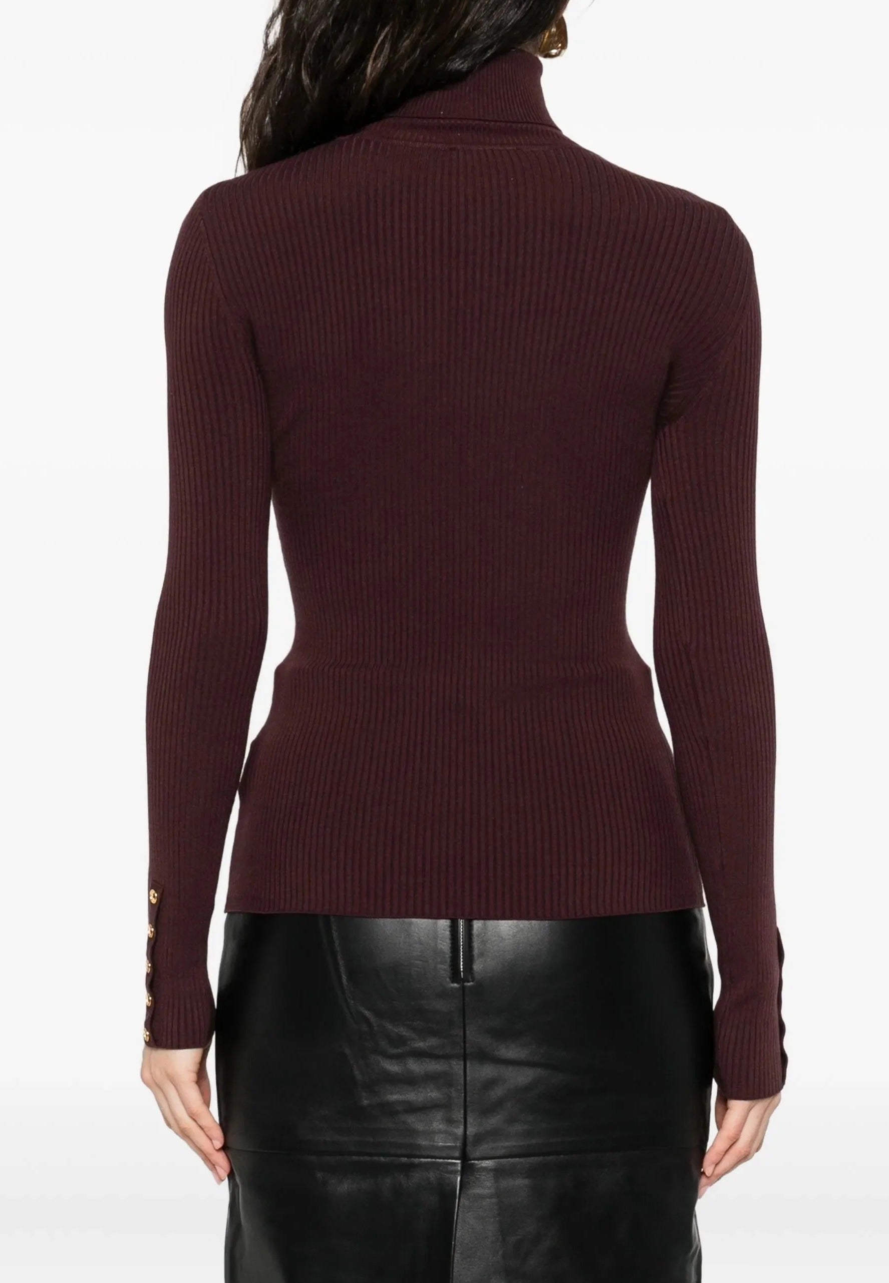 ELISABETTA FRANCHI Maglia Dolcevita Costine Taschino Logo-Merlot