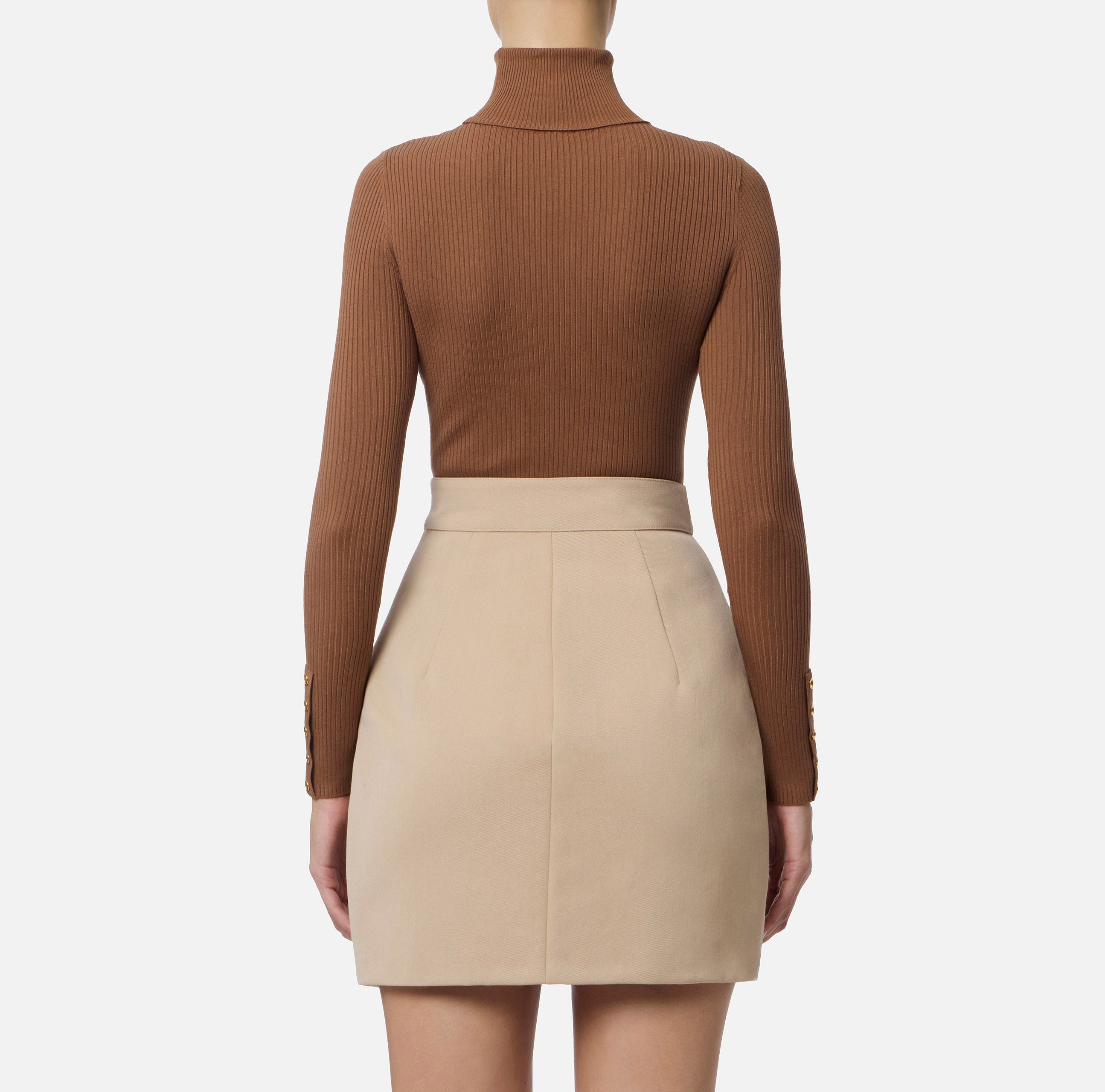 ELISABETTA FRANCHI Maglia Dolcevita Costine Taschino Logo-Brown Sugar