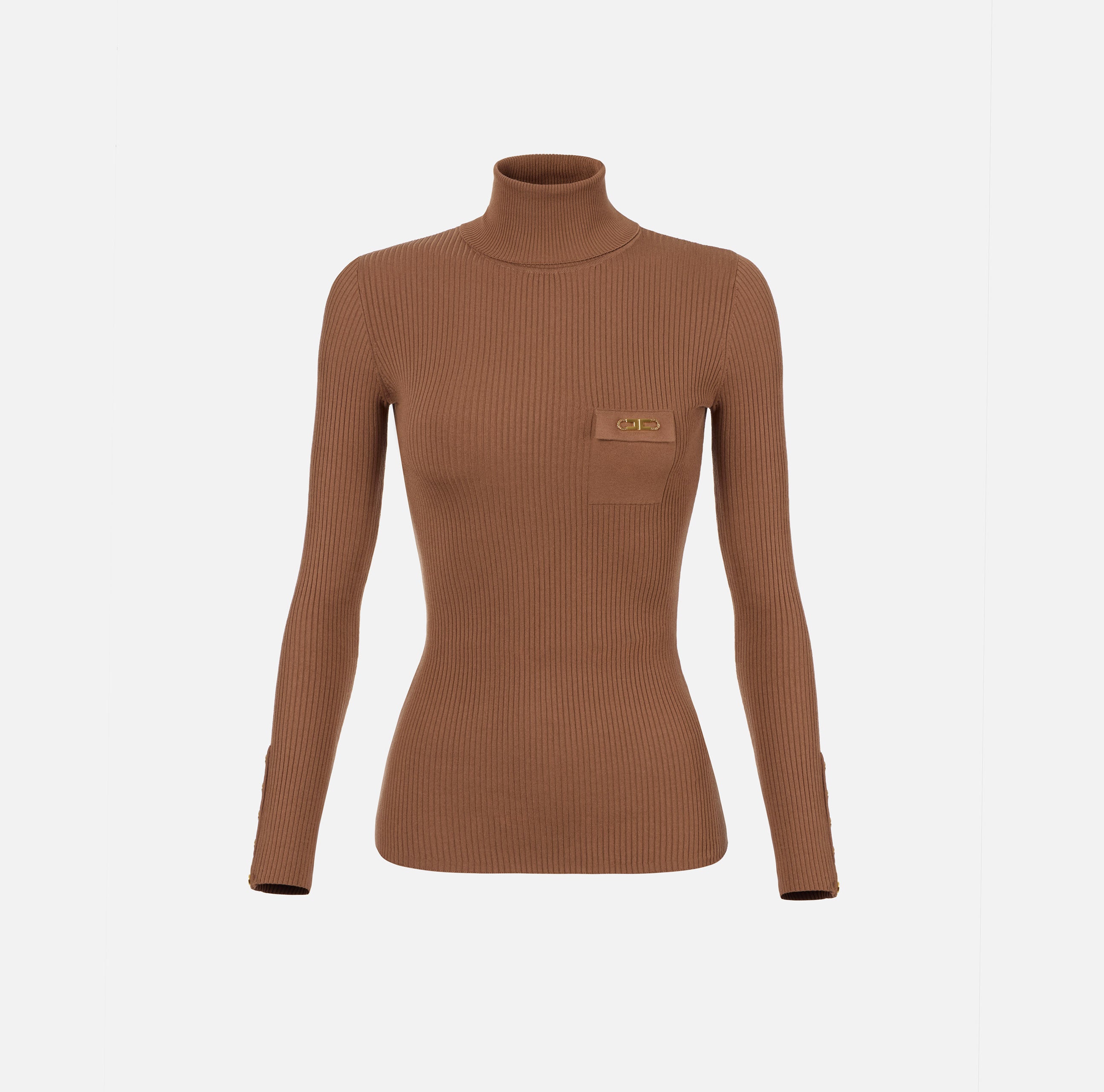 ELISABETTA FRANCHI Maglia Dolcevita Costine Taschino Logo-Brown Sugar