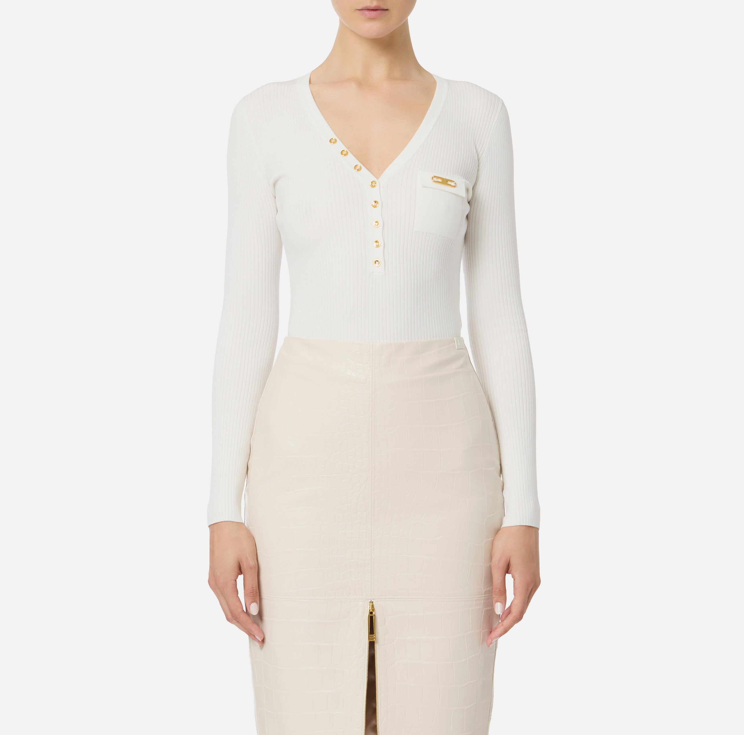 ELISABETTA FRANCHI Maglia Scollo V Costine Taschino Logo-Avorio