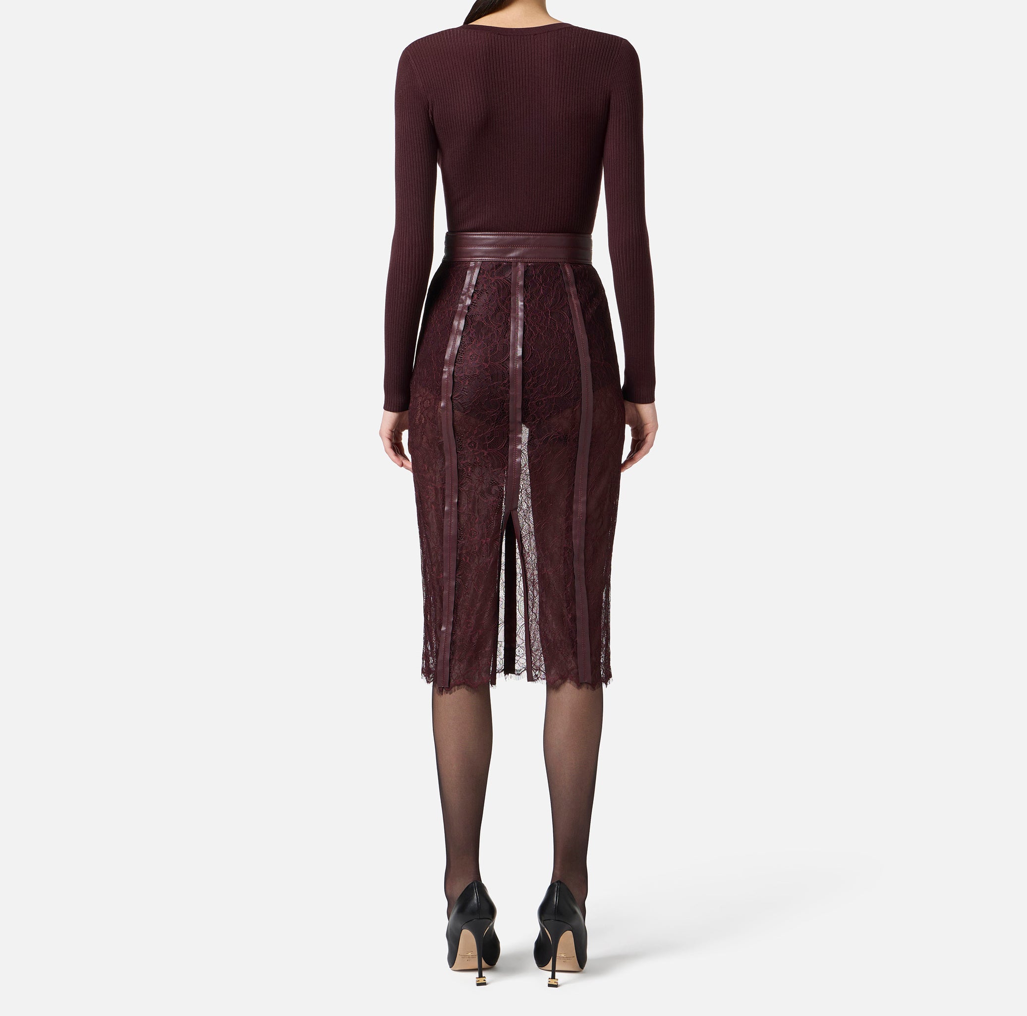 ELISABETTA FRANCHI Maglia Scollo V Costine Taschino Logo-Merlot