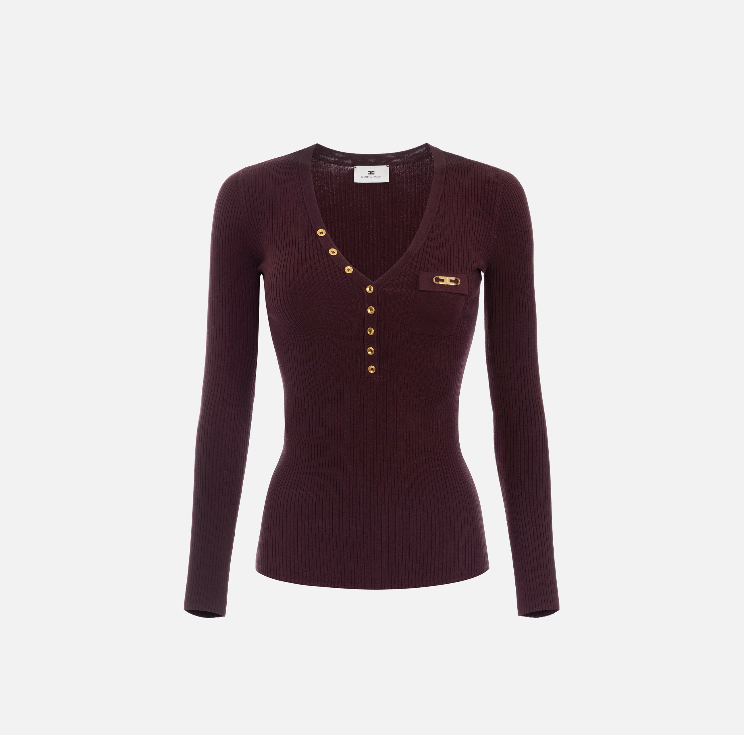 ELISABETTA FRANCHI Maglia Scollo V Costine Taschino Logo-Merlot