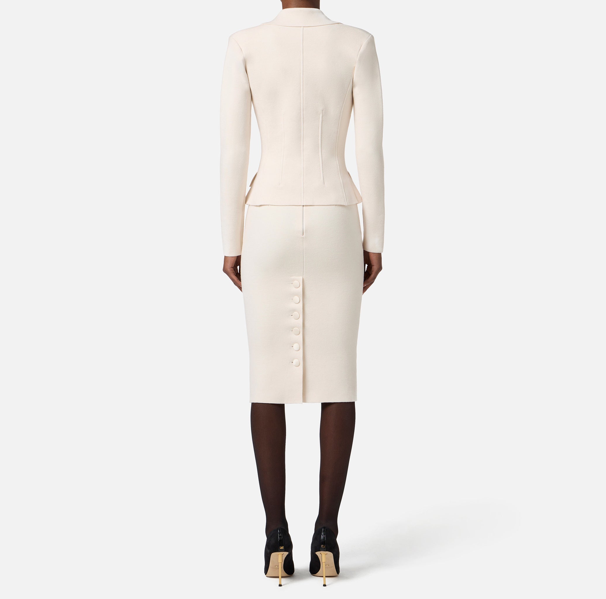 ELISABETTA FRANCHI Giacca Monopetto Lana Punto Stoffa-Milk