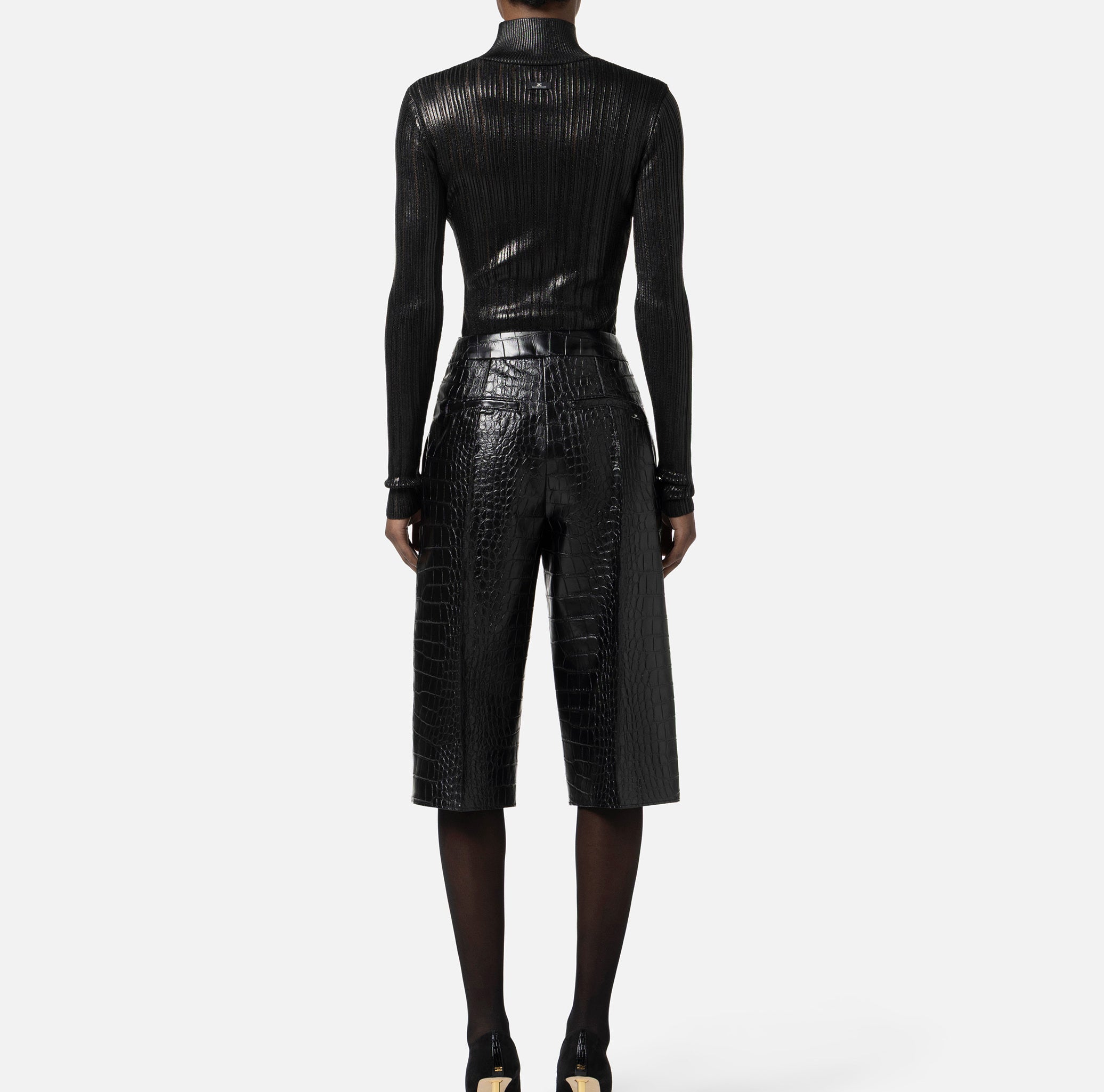 ELISABETTA FRANCHI Maglia Dolcevita Laminata Costine-Nero