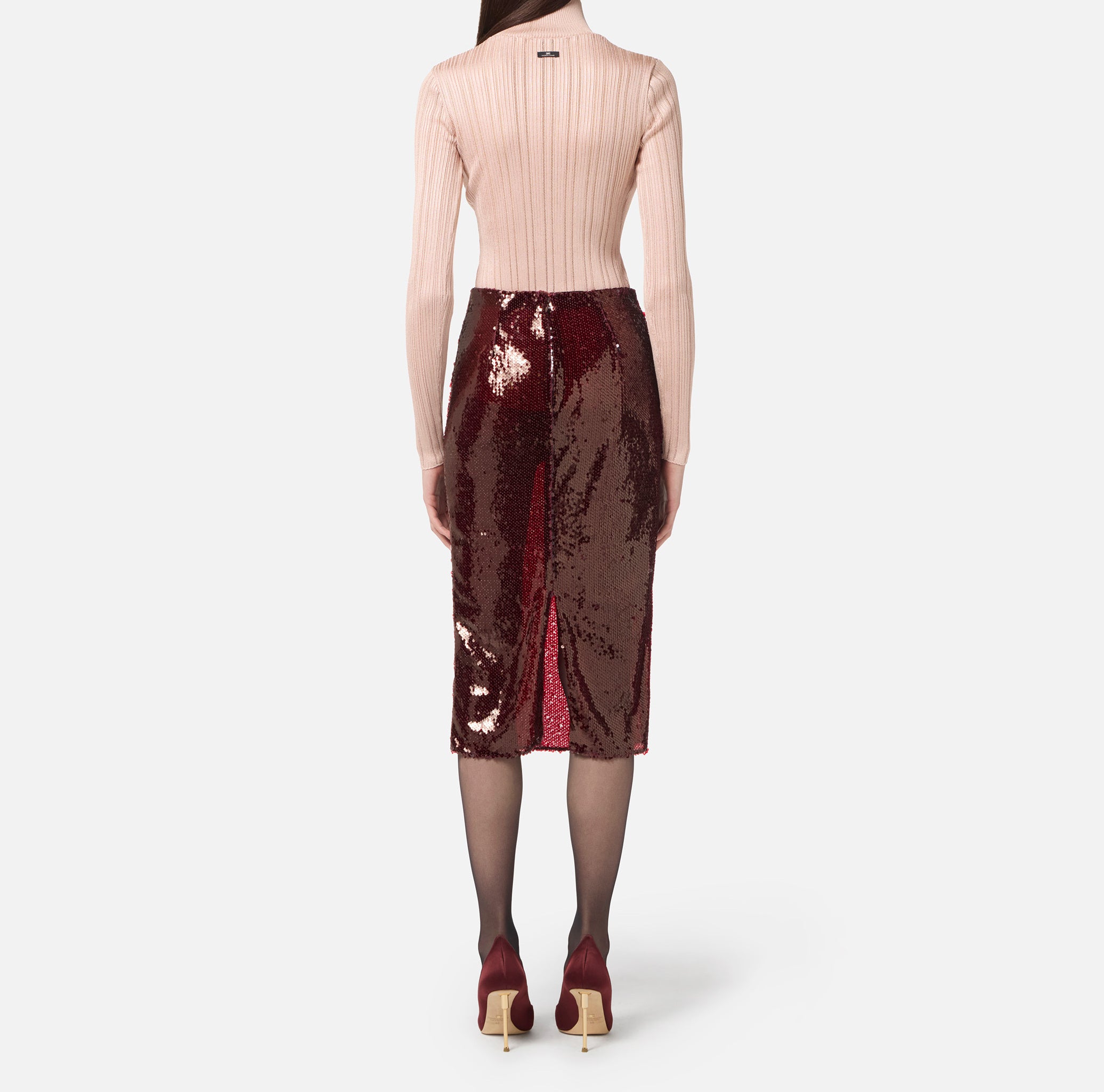 ELISABETTA FRANCHI Maglia Dolcevita Laminata Costine-Nude