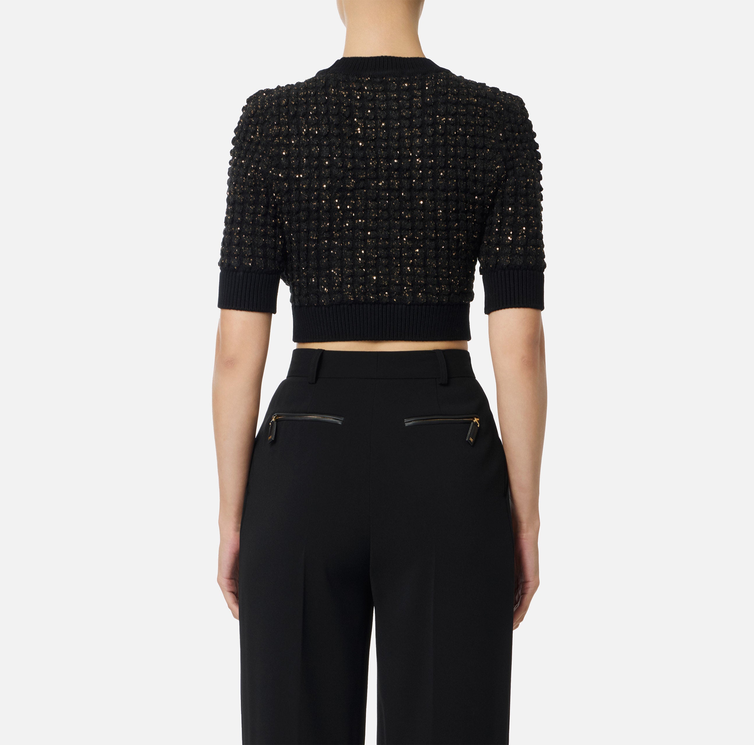 ELISABETTA FRANCHI Maglia Bouclé Micro Paillettes Cropped-Nero