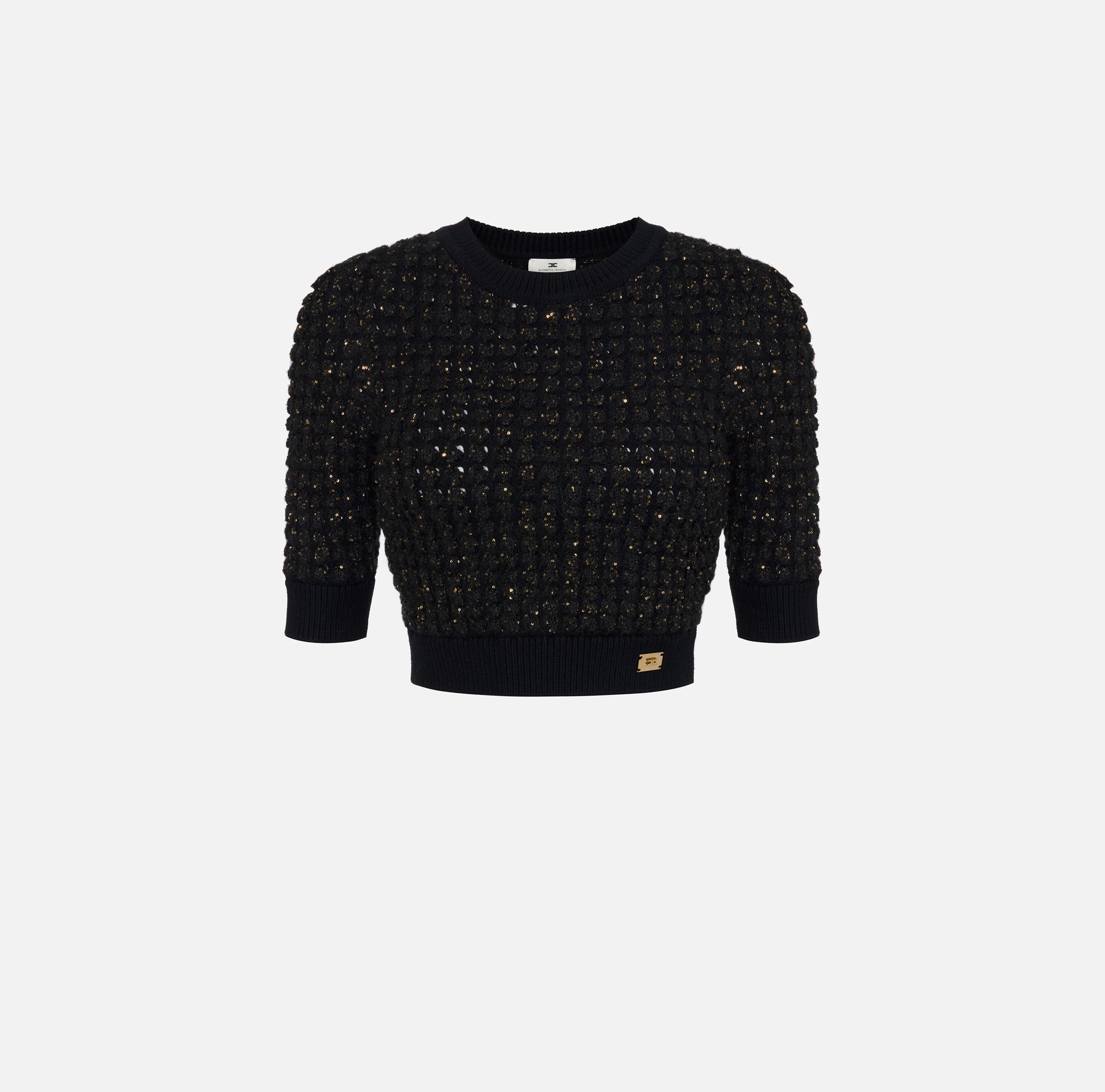 ELISABETTA FRANCHI Maglia Bouclé Micro Paillettes Cropped-Nero