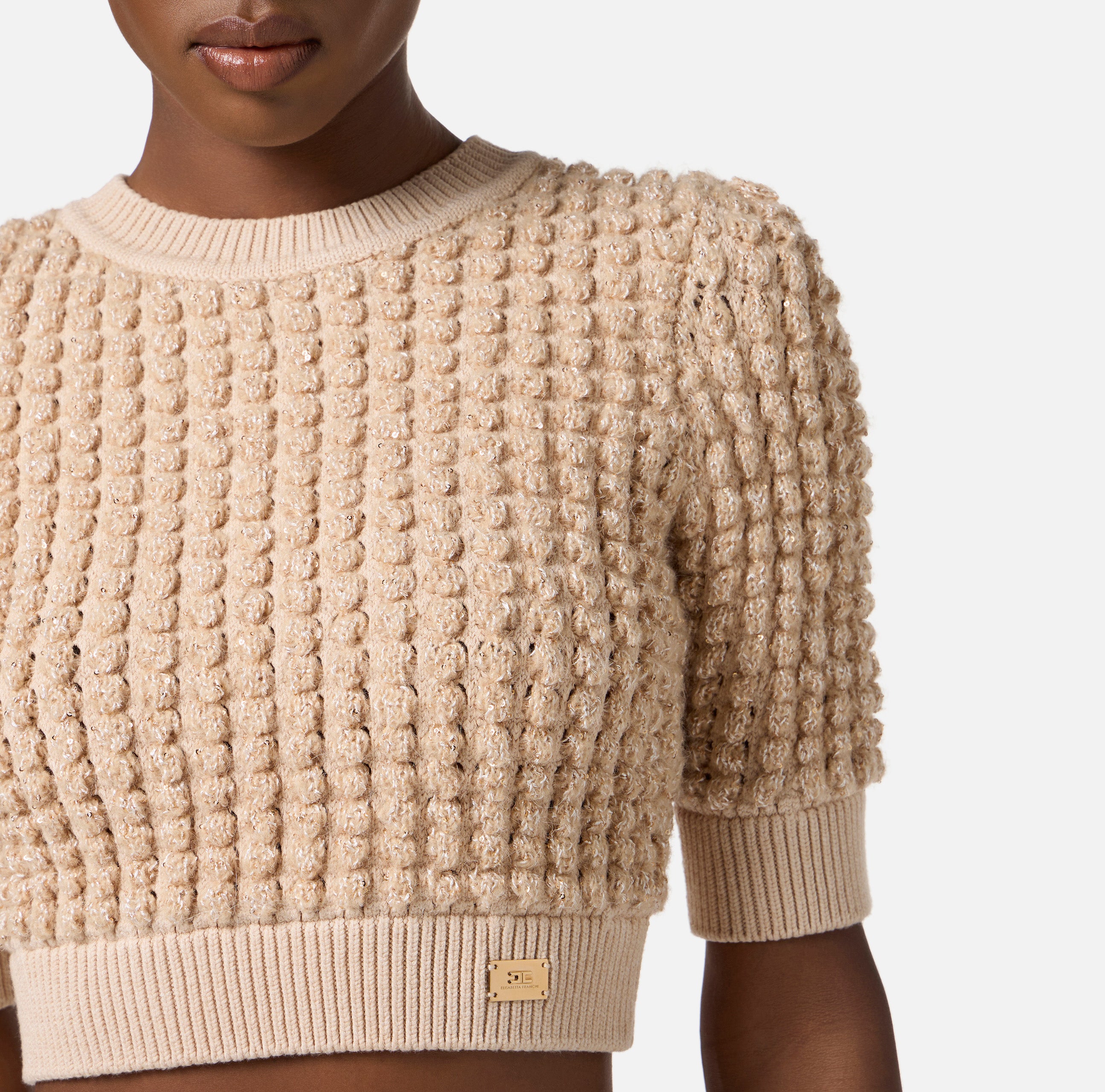 ELISABETTA FRANCHI Maglia Bouclé Micro Paillettes Cropped-Honey