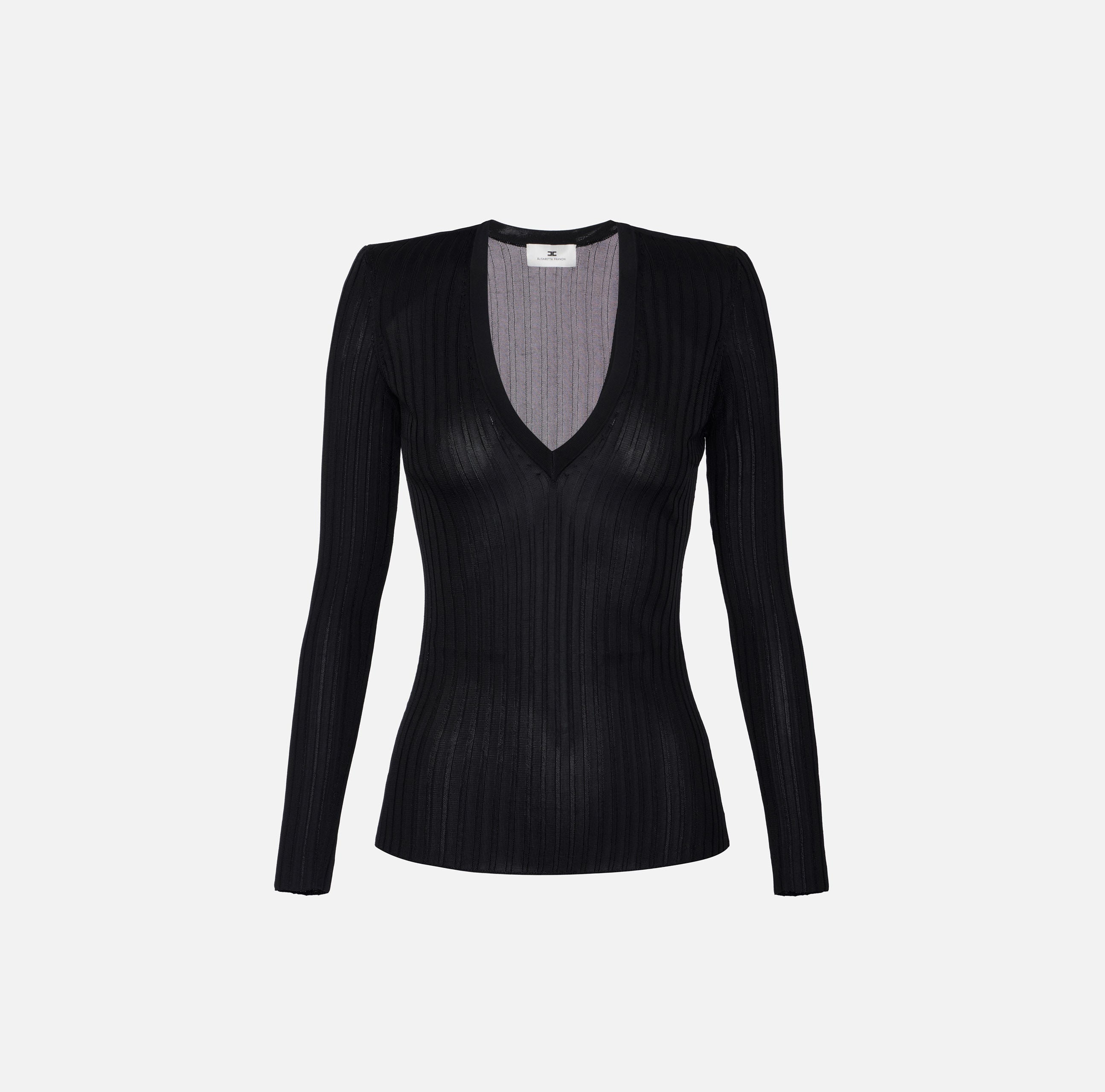 ELISABETTA FRANCHI Maglia Scollo V Filato Viscosa Costine-Nero