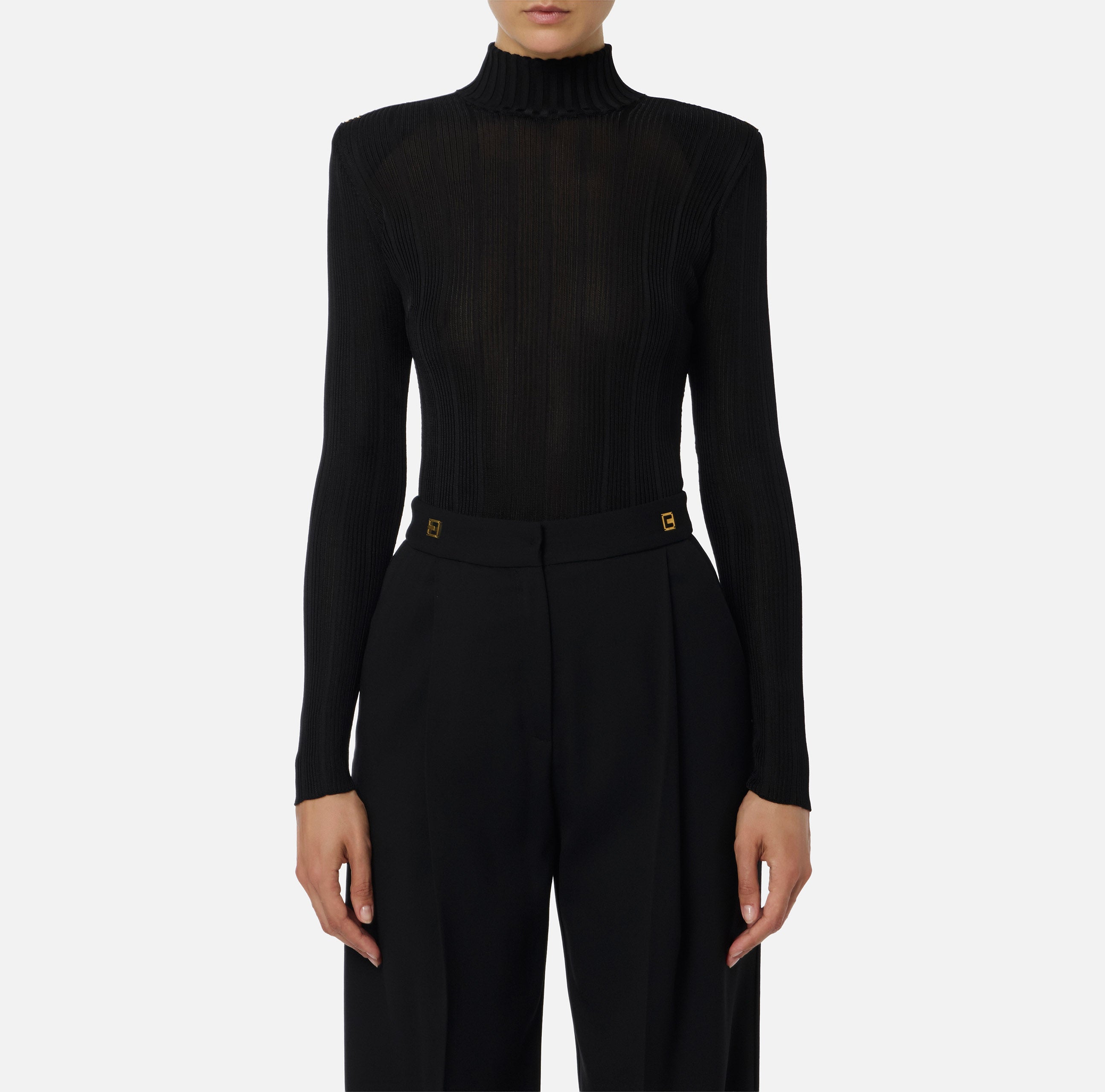 ELISABETTA FRANCHI Maglia Dolcevita Filato Viscosa Costine-Nero