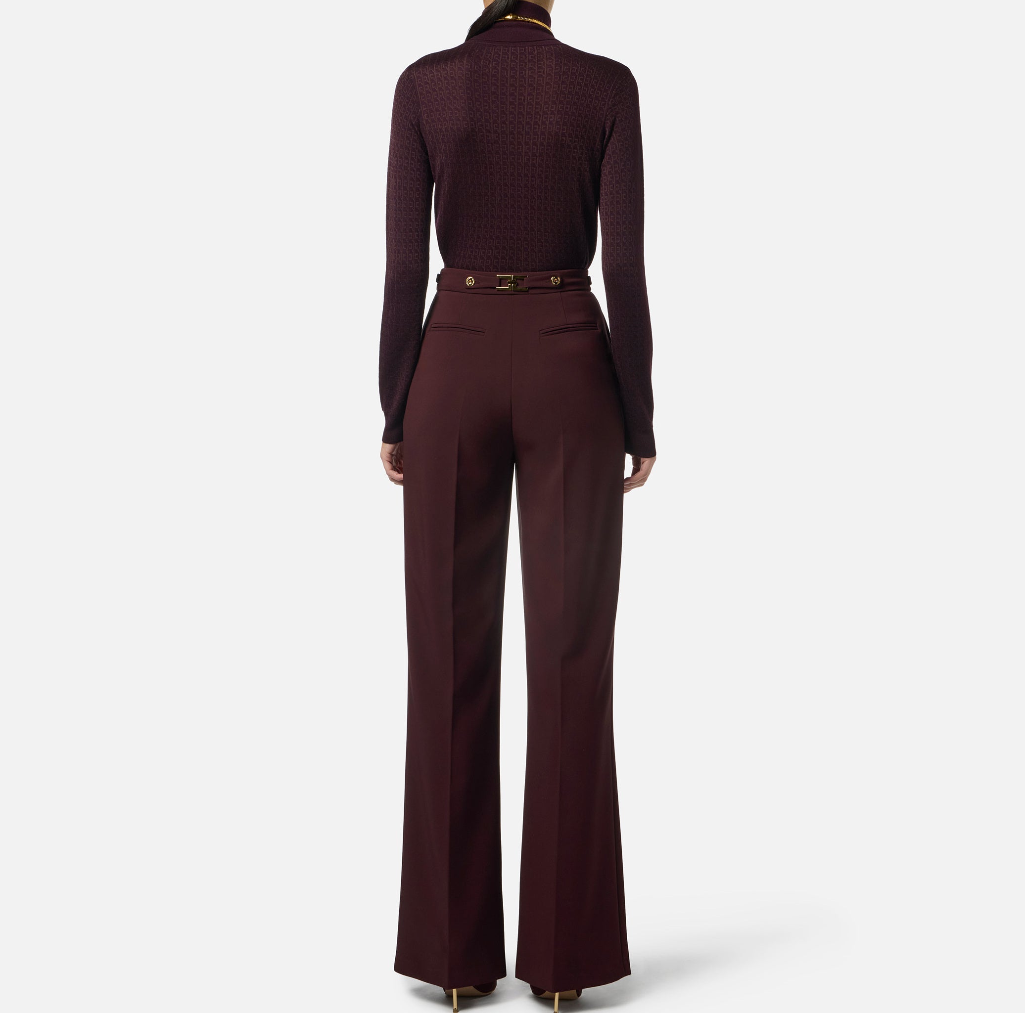 ELISABETTA FRANCHI Maglia Dolcevita Lana Jacquard Logo-Merlot