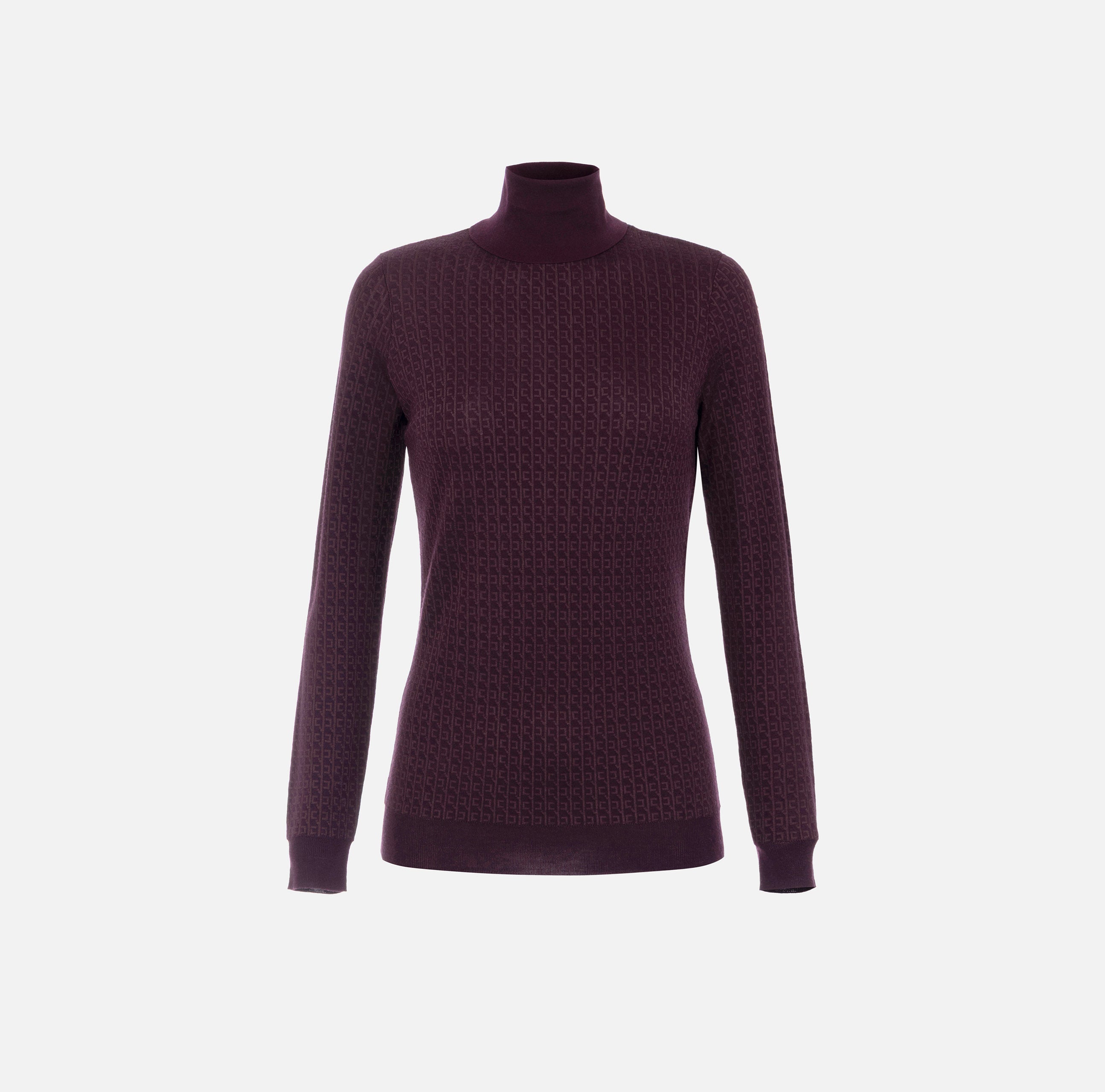 ELISABETTA FRANCHI Maglia Dolcevita Lana Jacquard Logo-Merlot