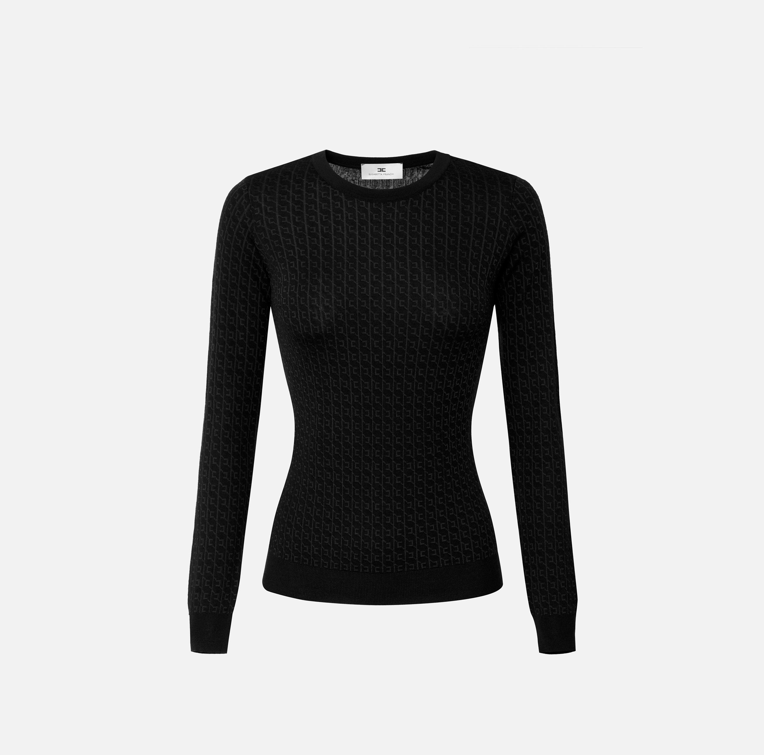 ELISABETTA FRANCHI Maglia Girocollo Lana Jacquard Logo-Nero
