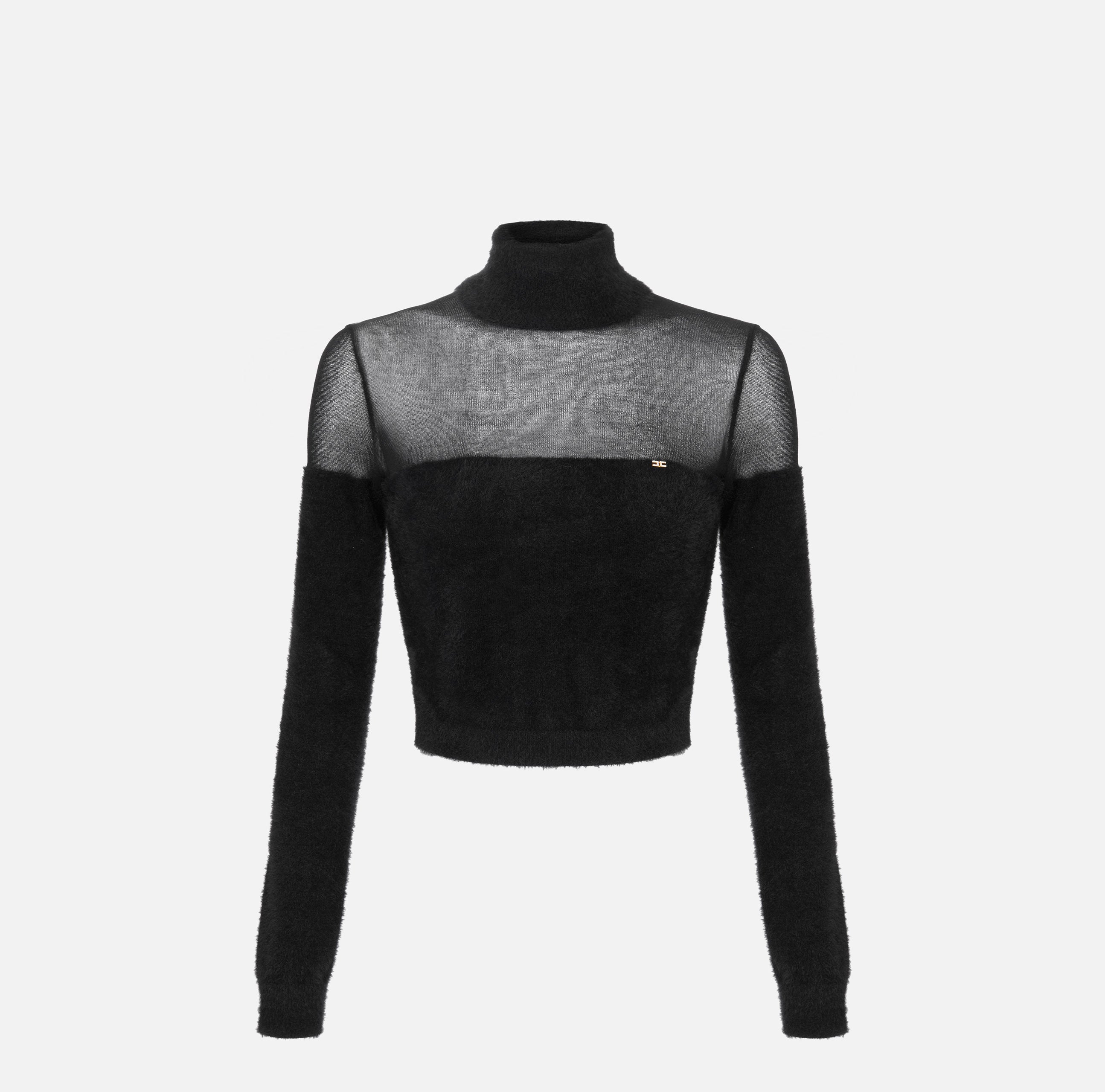 ELISABETTA FRANCHI Maglia Dolcevita Cropped Mini Logo-Nero