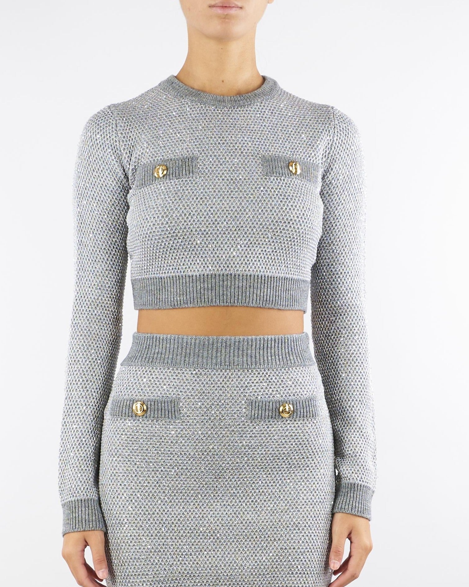 ELISABETTA FRANCHI Maglia Cropped Paillettes-Grigio Melange