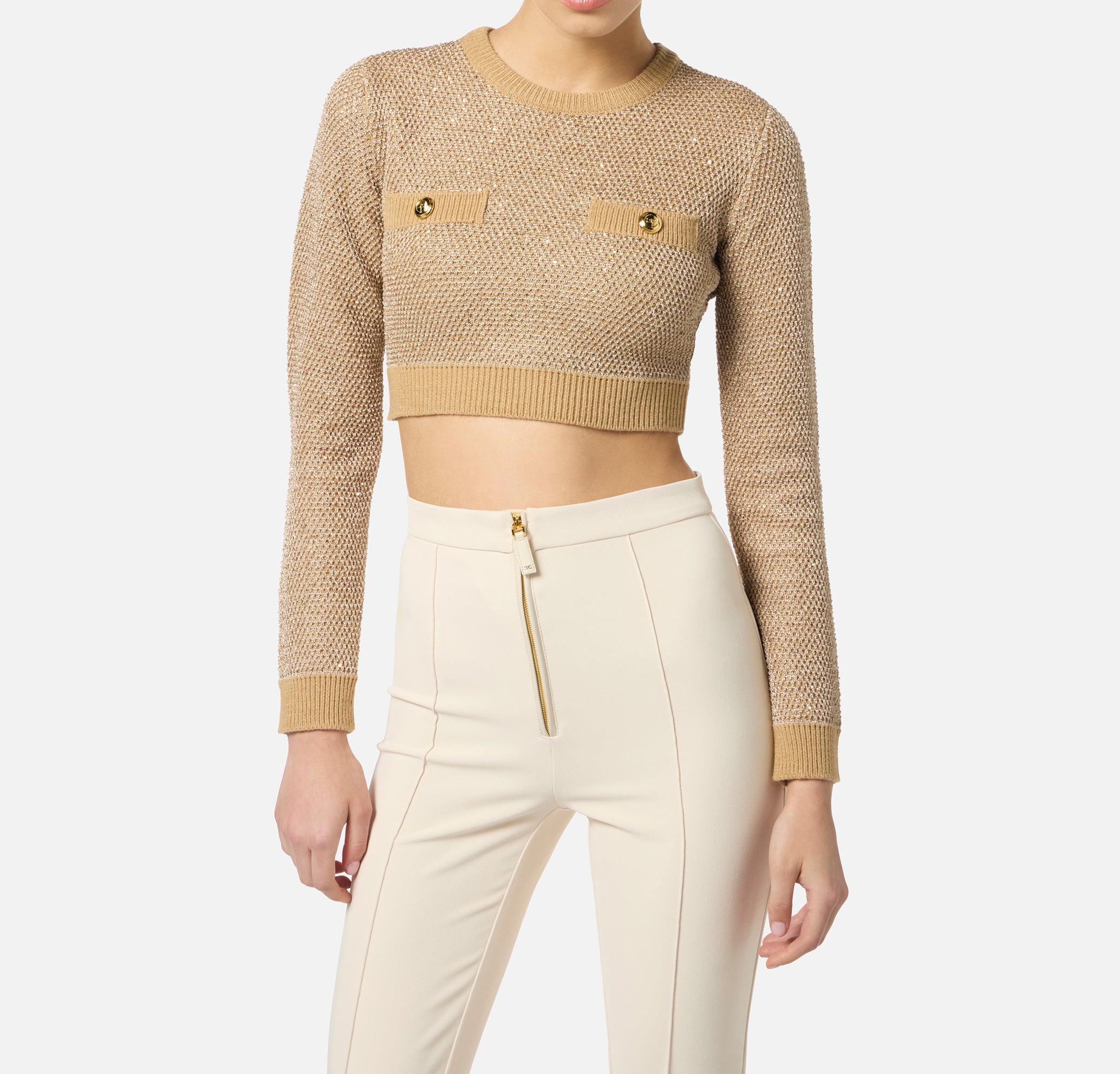 ELISABETTA FRANCHI Maglia Cropped Paillettes-Honey