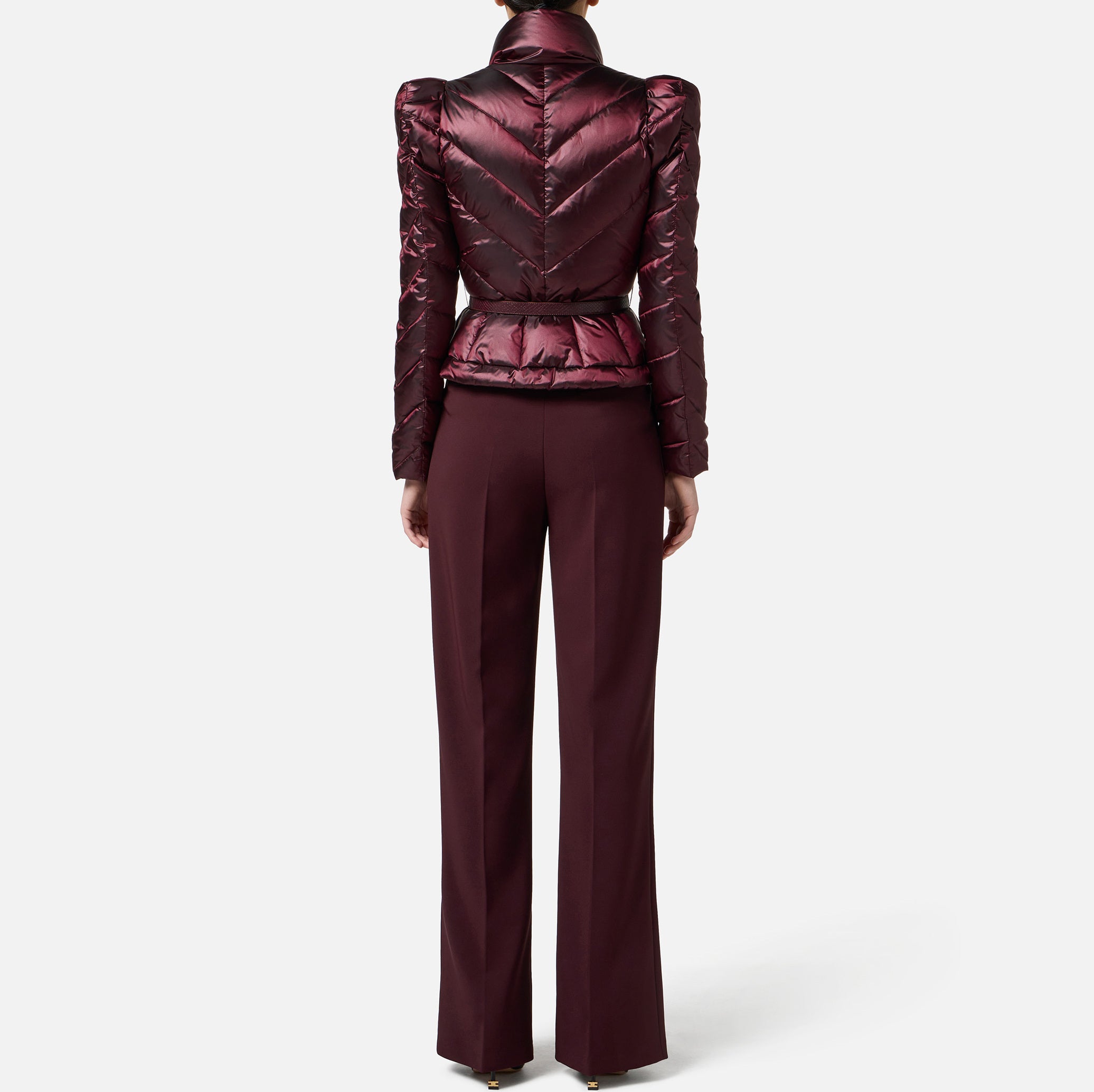 ELISABETTA FRANCHI Piumino Corto Tessuto Vela chevron Cintura-Merlot