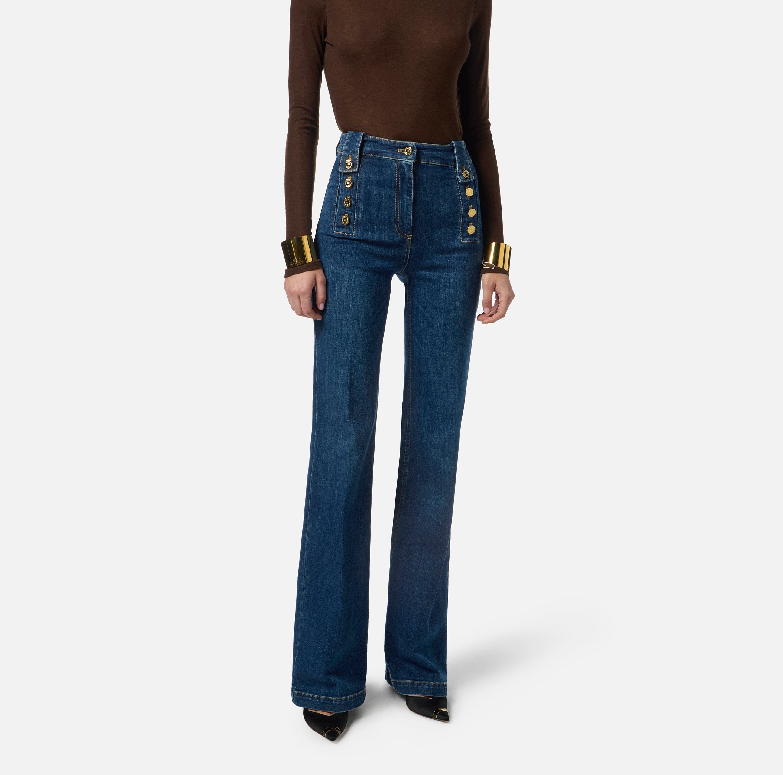 ELISABETTA FRANCHI Jeans Palazzo Bottoni-Blue Denim