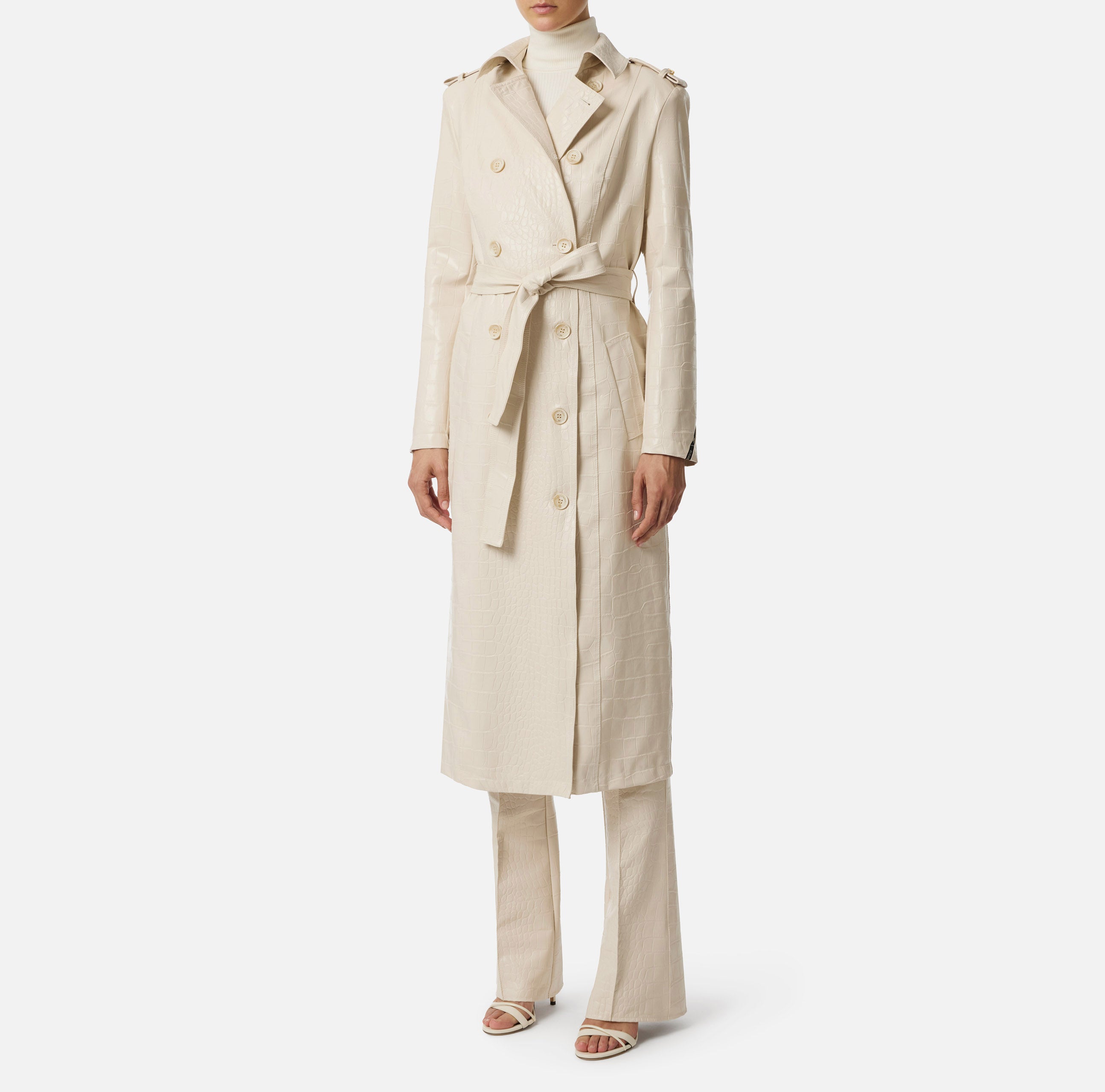 ELISABETTA FRANCHI Trench Ecopelle Coccodrillo-Milk