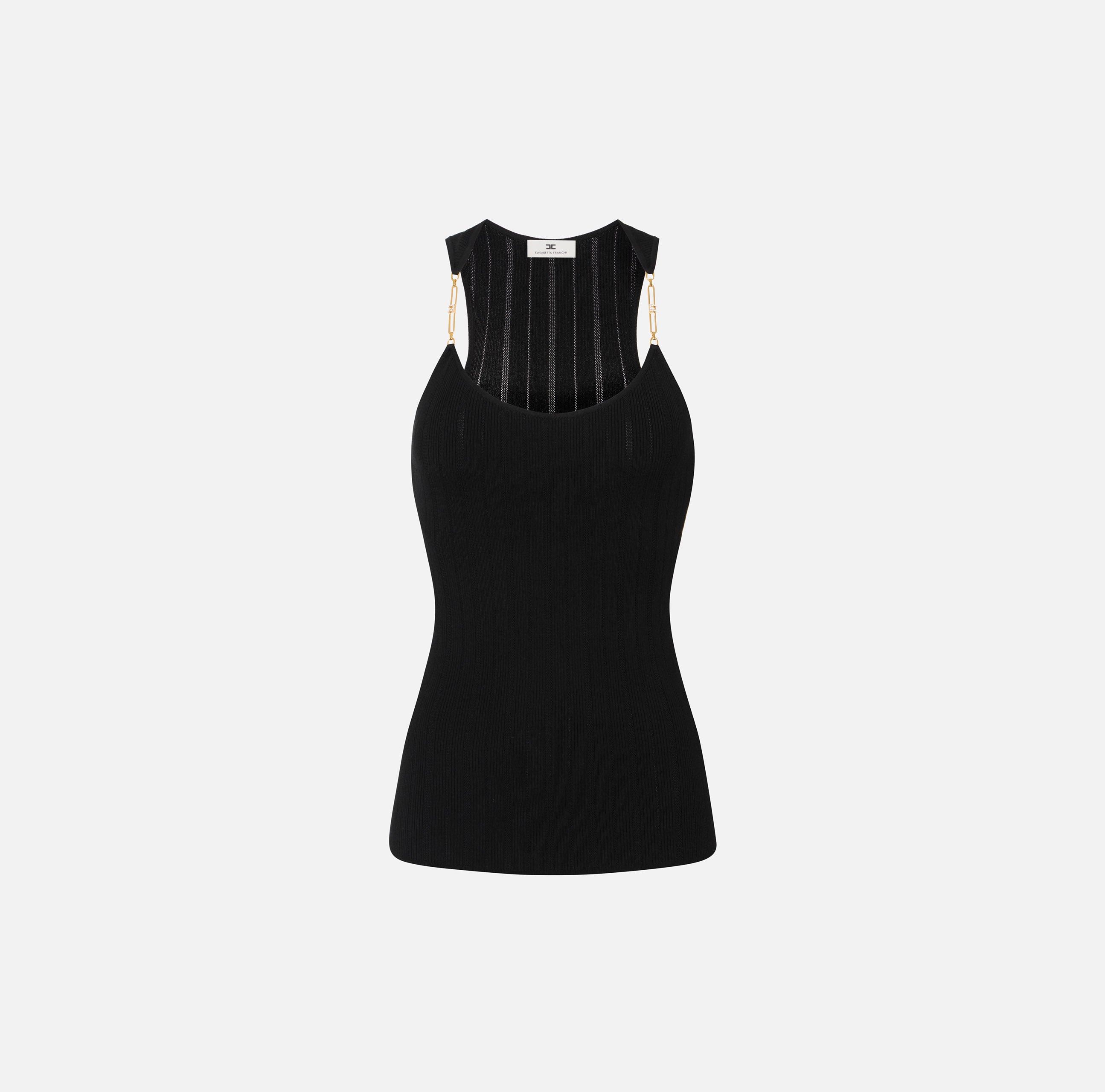 ELISABETTA FRANCHI Top Maglia Costine Spalline Gioiello-Nero