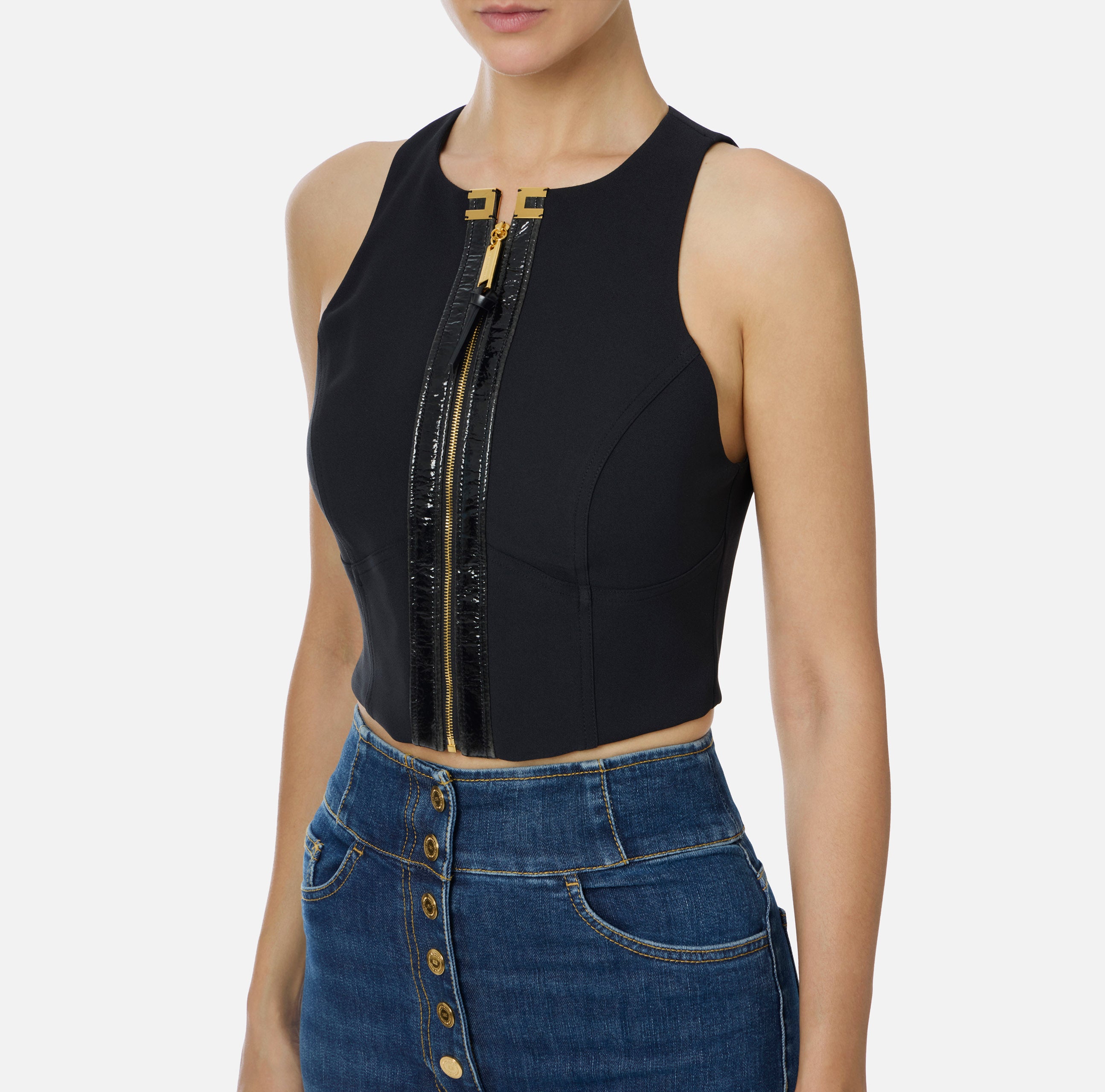 ELISABETTA FRANCHI Top Doppio Crêpe Logo Craquelé-Nero