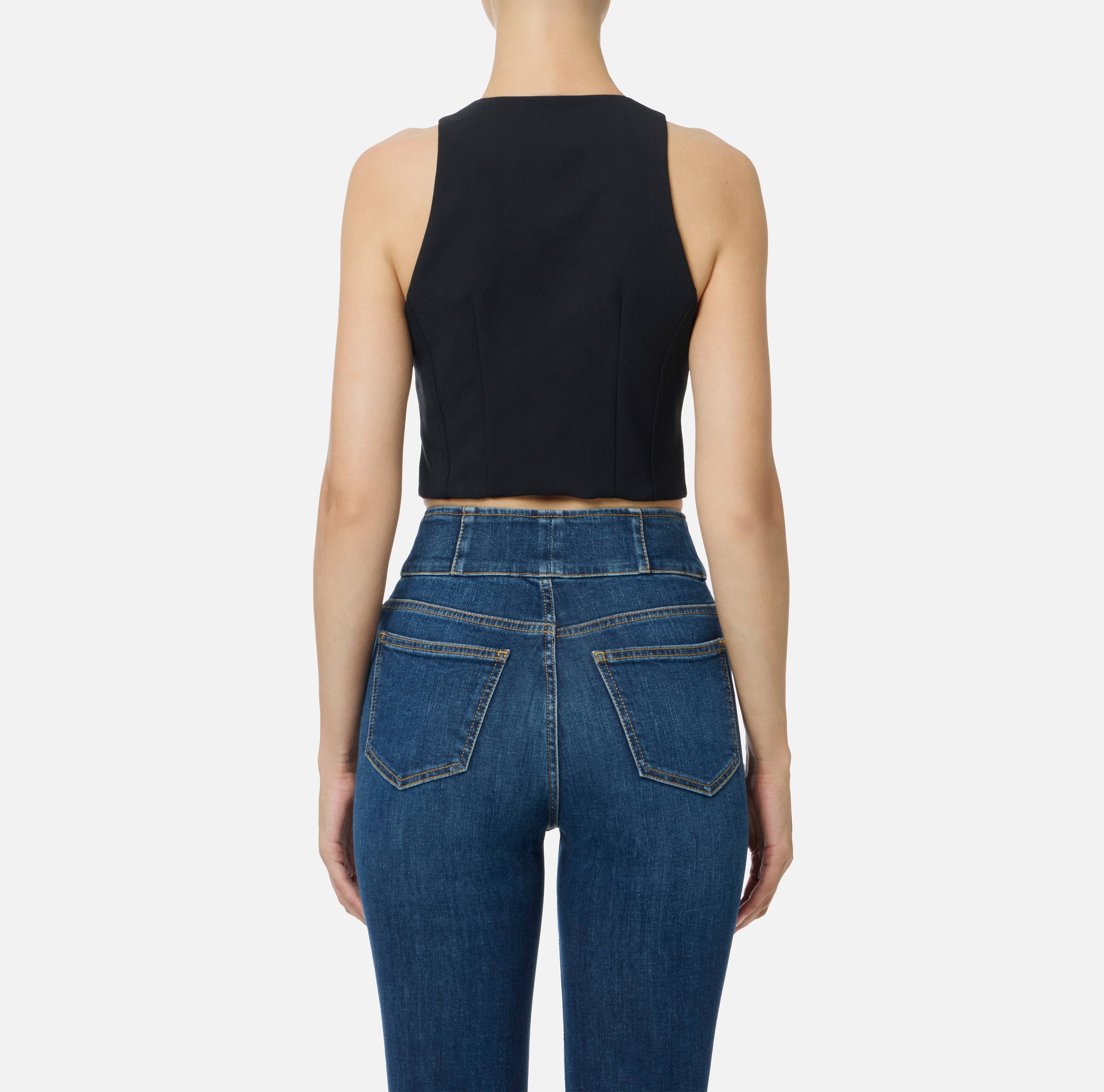 ELISABETTA FRANCHI Top Doppio Crêpe Logo Craquelé-Nero
