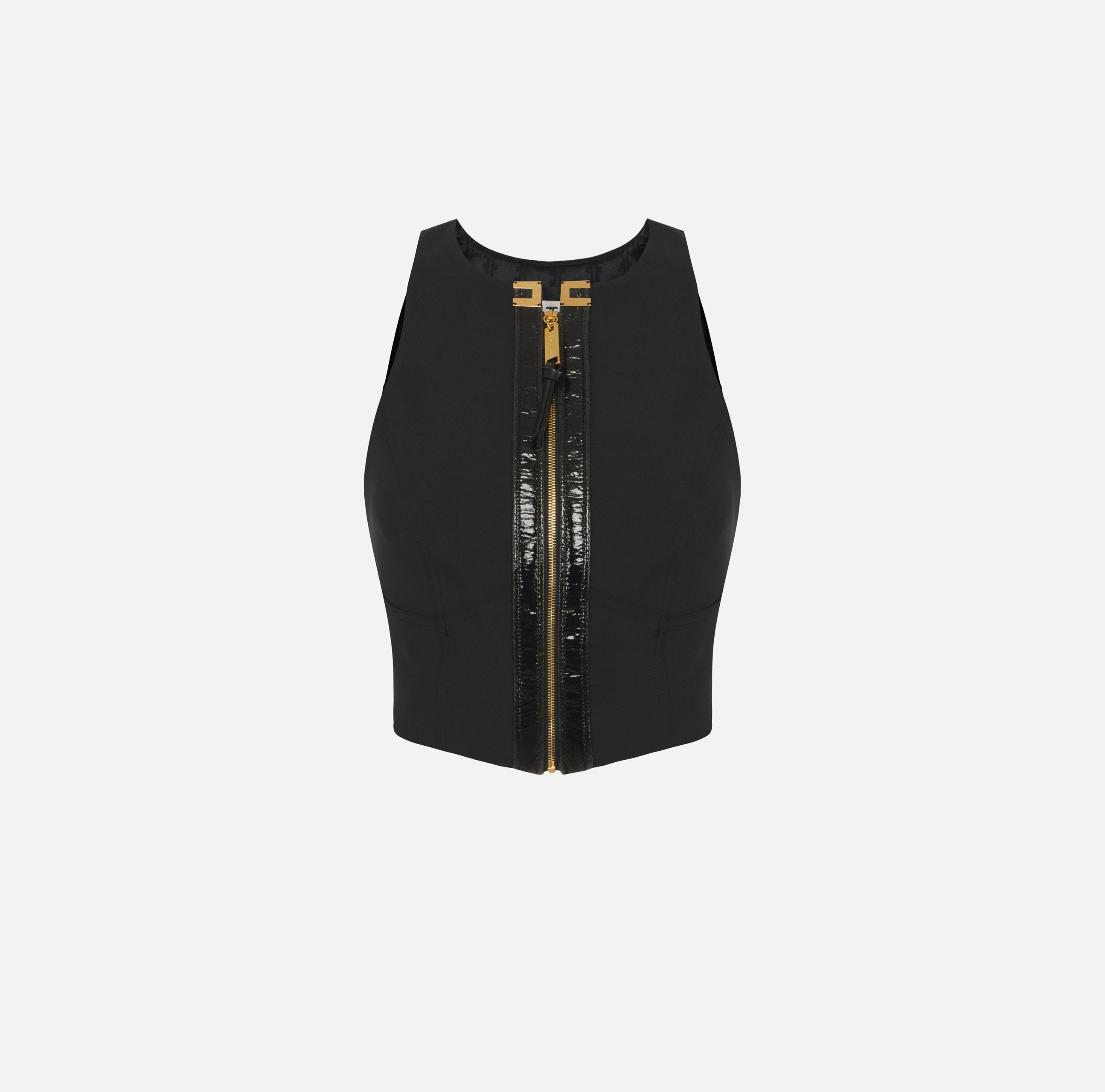 ELISABETTA FRANCHI Top Doppio Crêpe Logo Craquelé-Nero