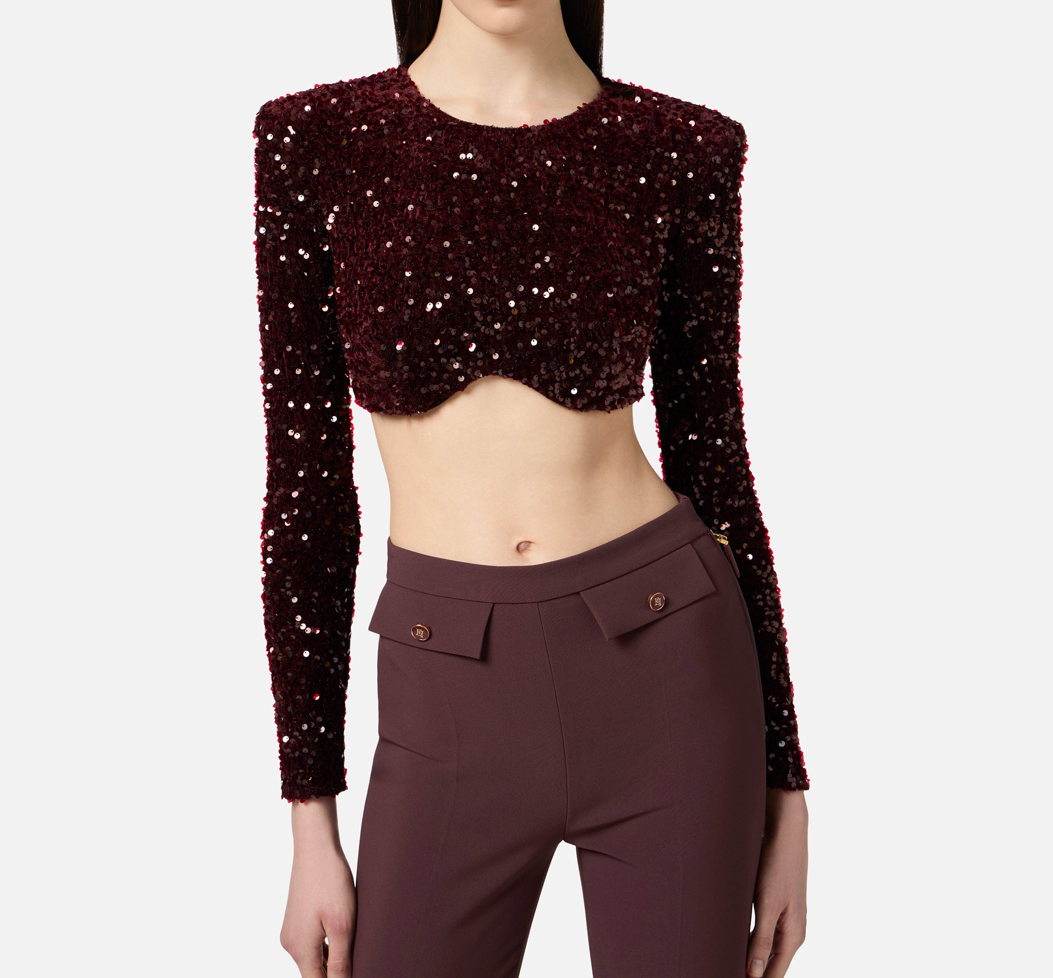 ELISABETTA FRANCHI Top Girocollo Paillettes-Merlot