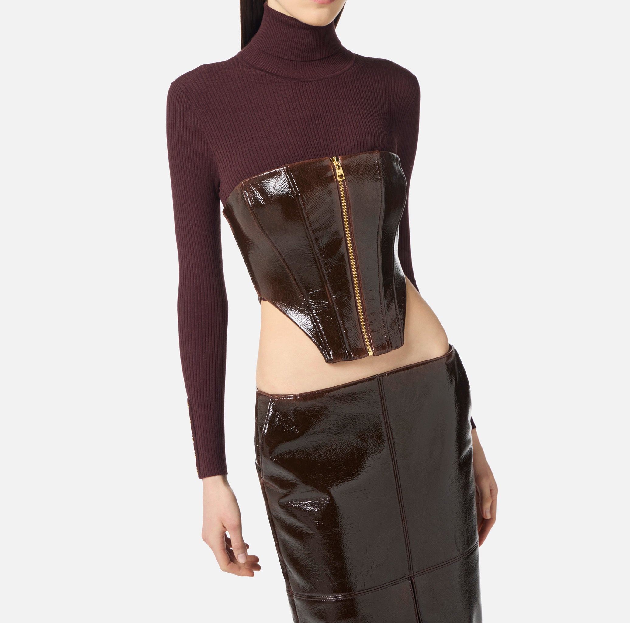ELISABETTA FRANCHI Top Bustier Panno Spalmato Zip-Coffee