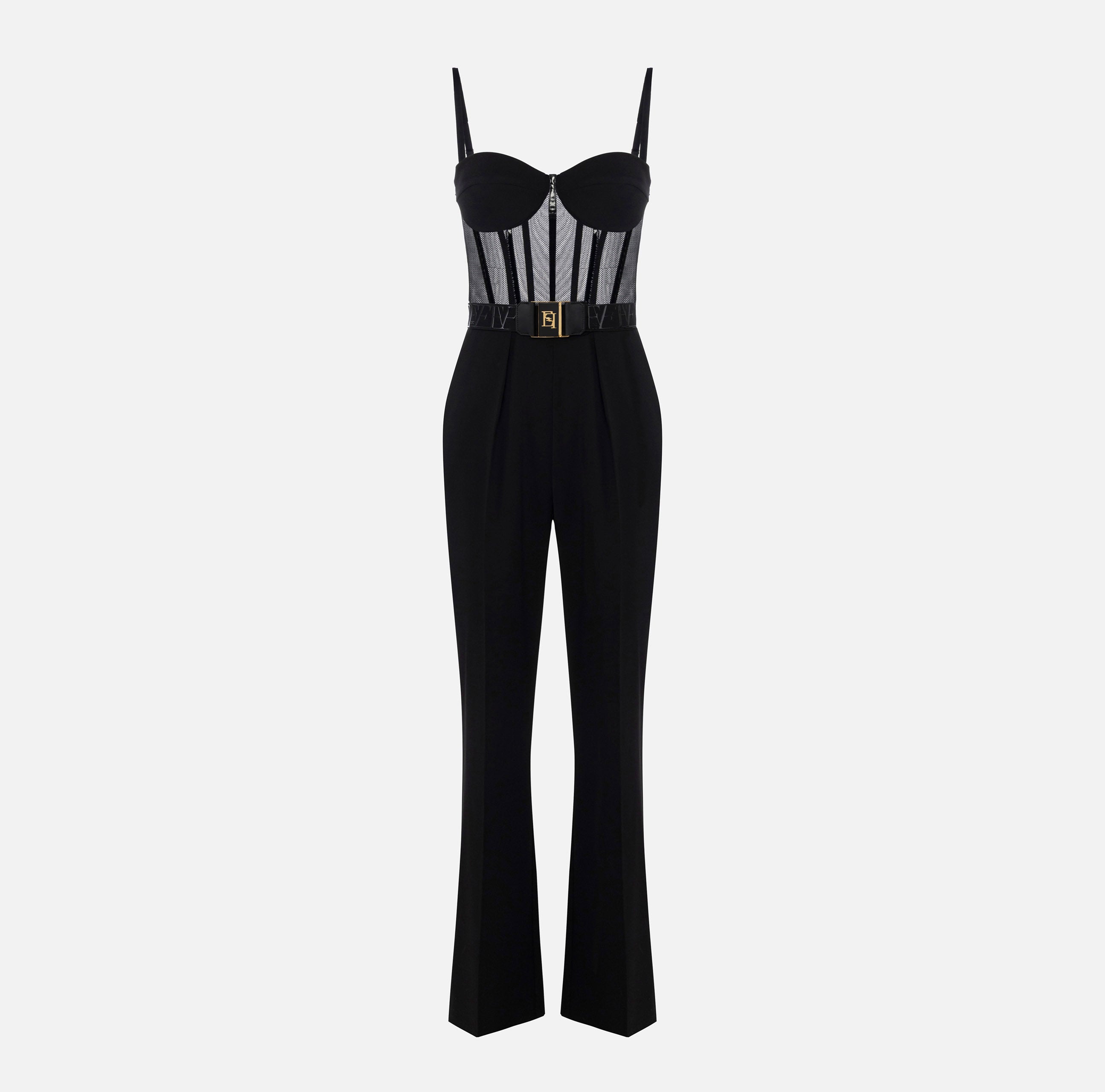 ELISABETTA FRANCHI Tuta Crêpe Tulle Cintura-Nero