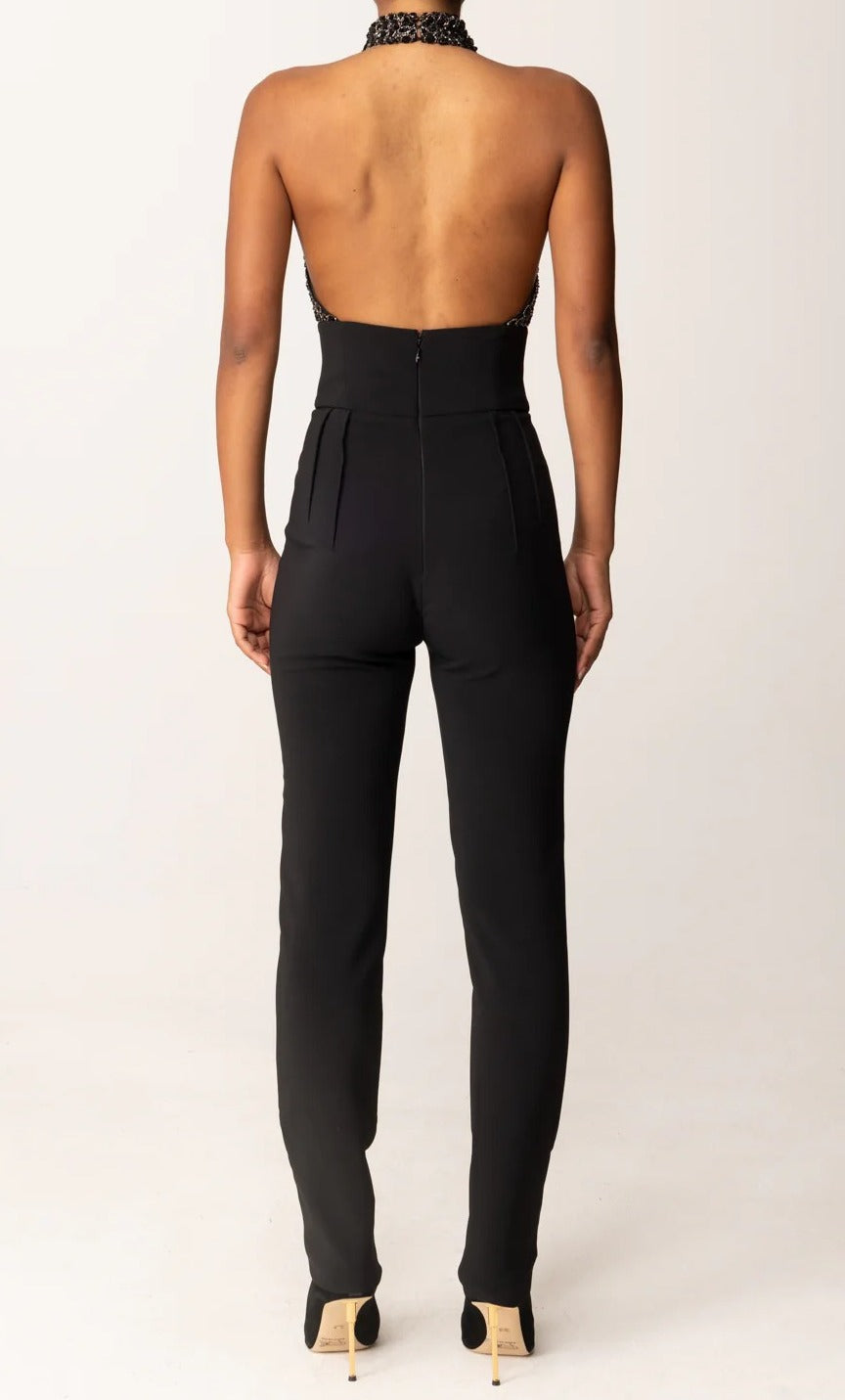 ELISABETTA FRANCHI Tuta Tulle crêpe Ricamo Coccodrillo-Nero