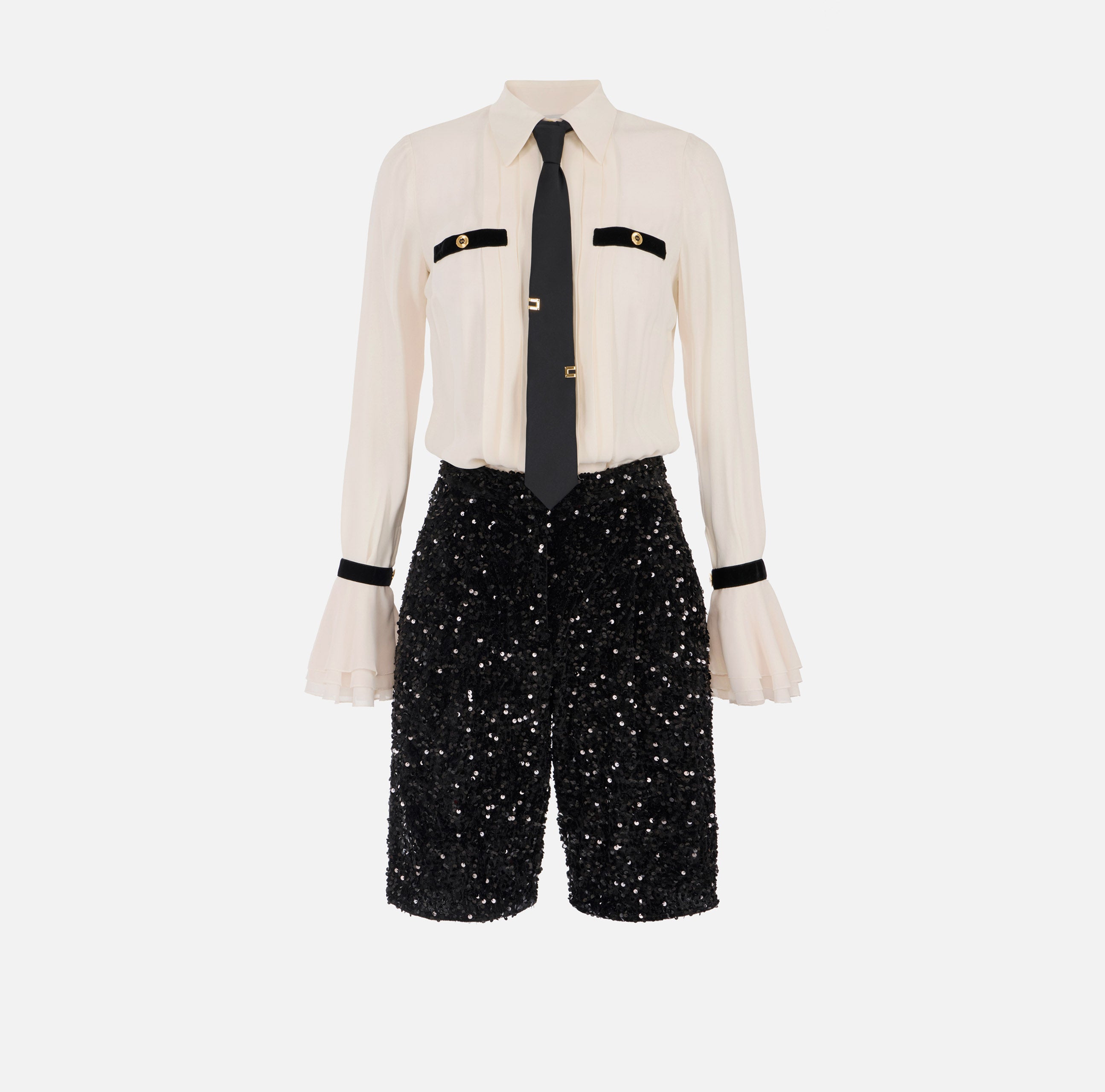 ELISABETTA FRANCHI Tuta Georgette Paillettes Cravatta-Milk Nero