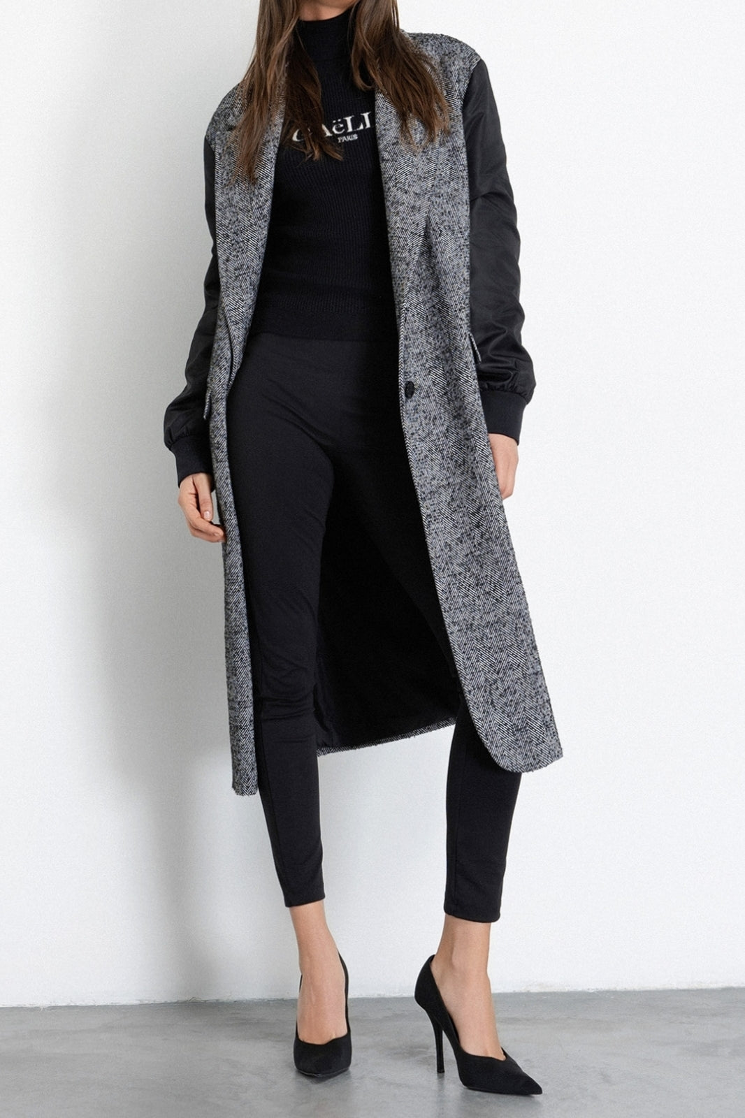GAELLE PARIS Cappotto Donna Lungo Panno Nylon-Grigio Nero