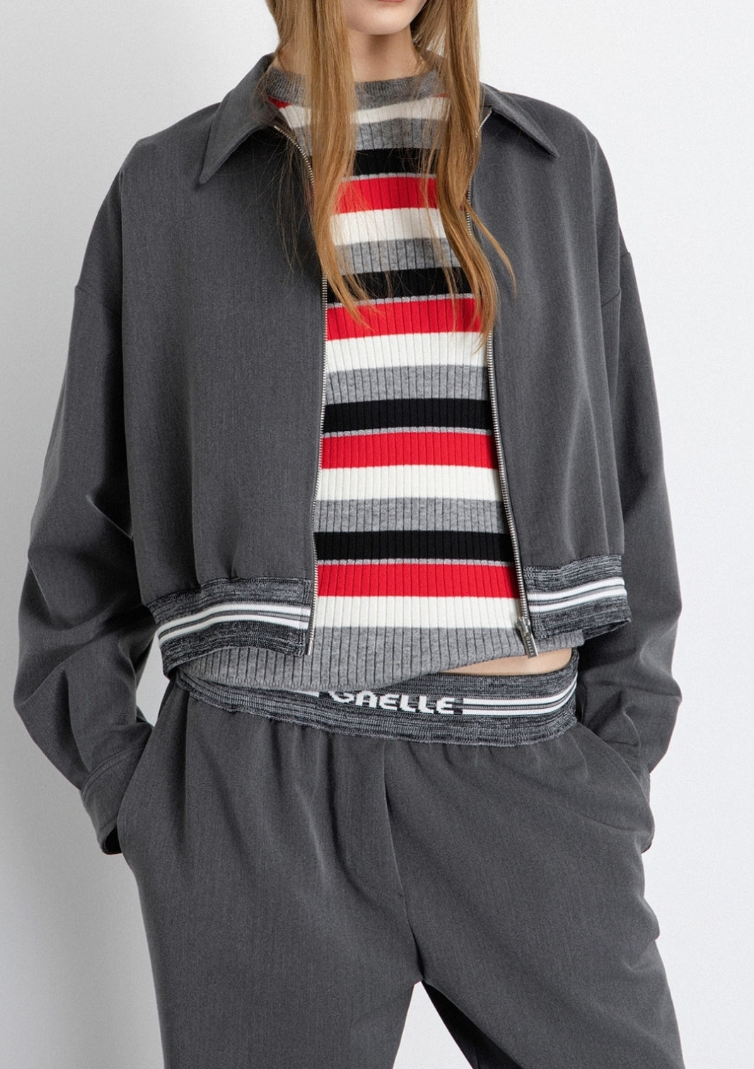 GAELLE PARIS Felpa Donna Cropped Zip Logo Jacquard-Grigio Ferro