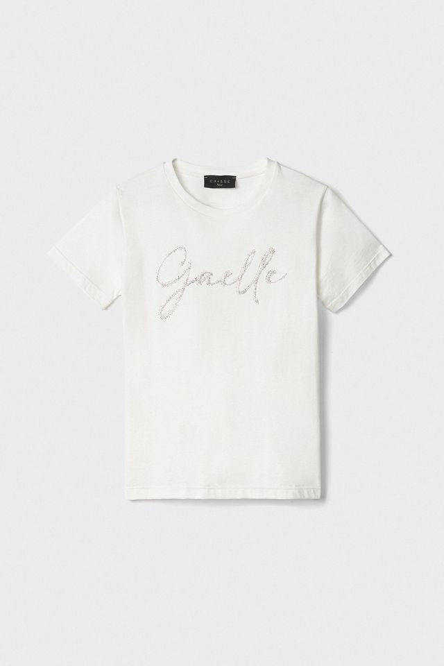 GAELLE PARIS T-Shirt Donna Ricamo Logo Strass-Offwhite walcor-it