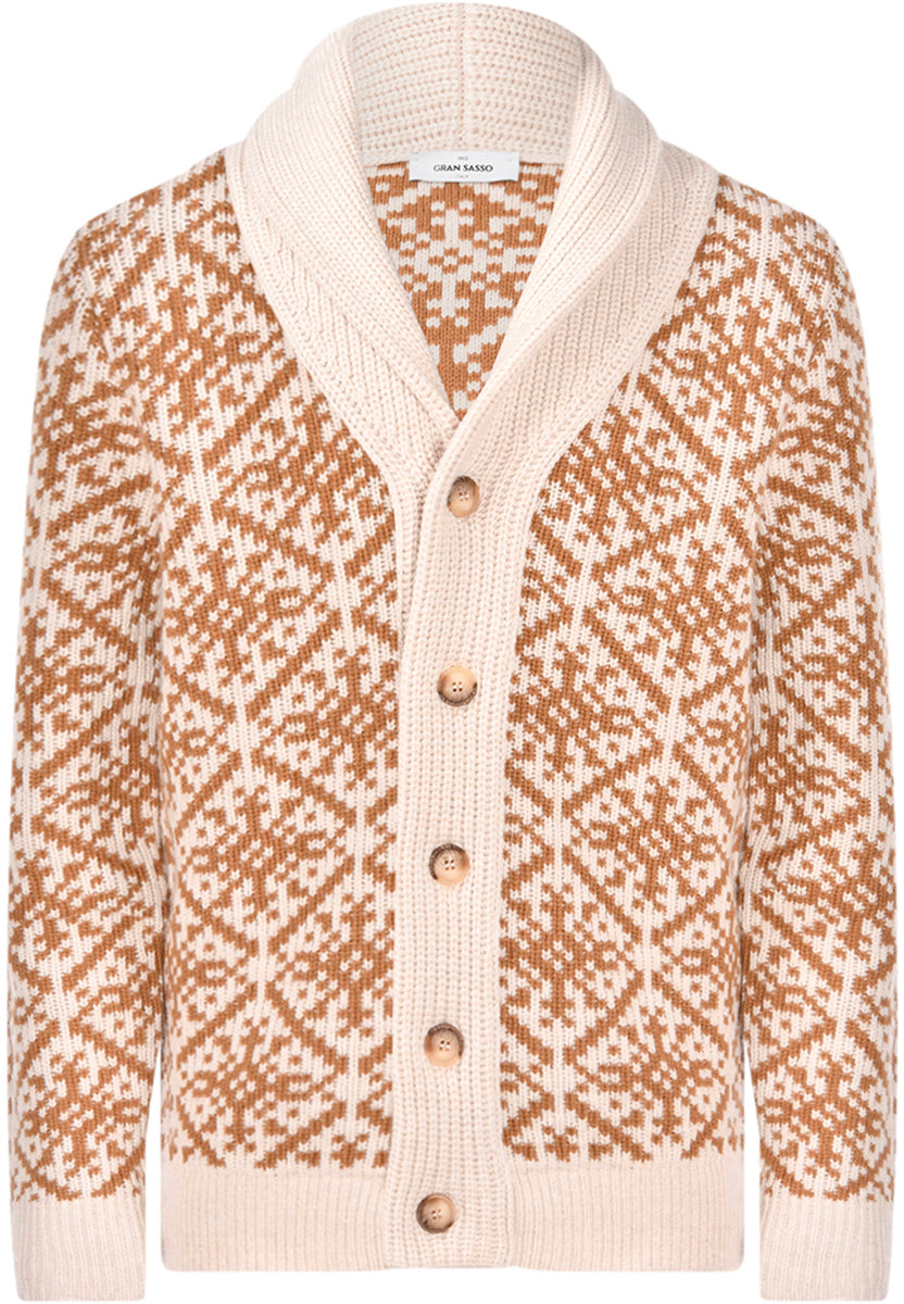 GRAN SASSO Cardigan Uomo Jacquard Lana Super Geelong-Nocciola Marrone
