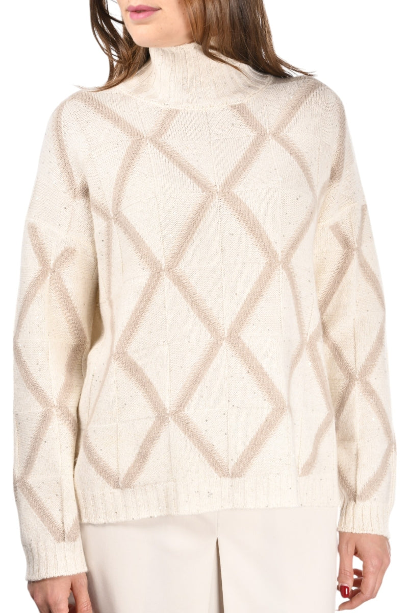 GRAN SASSO Maglione Donna Lupetto Jacquard Rombi-Bianco Marrone