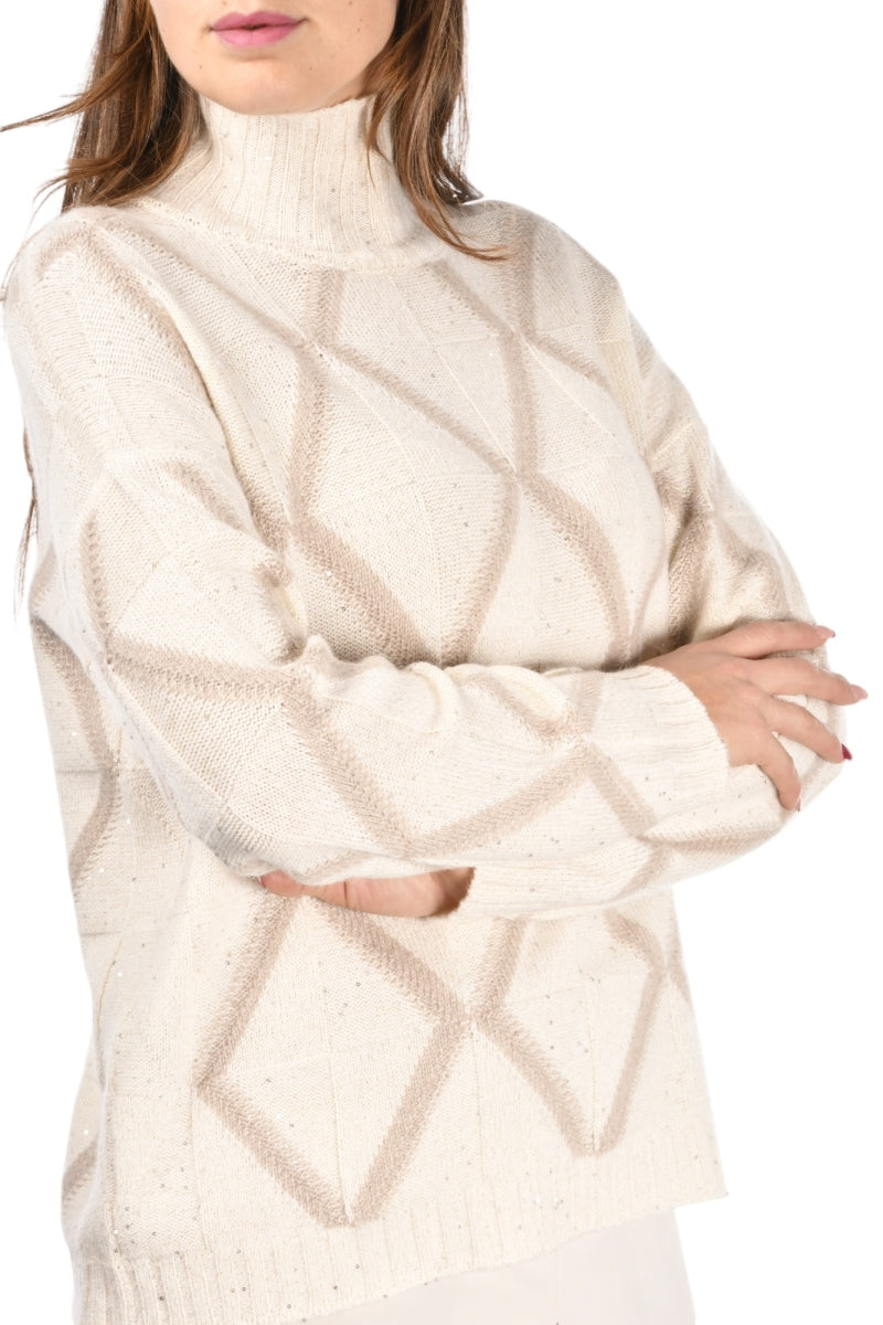 GRAN SASSO Maglione Donna Lupetto Jacquard Rombi-Bianco Marrone