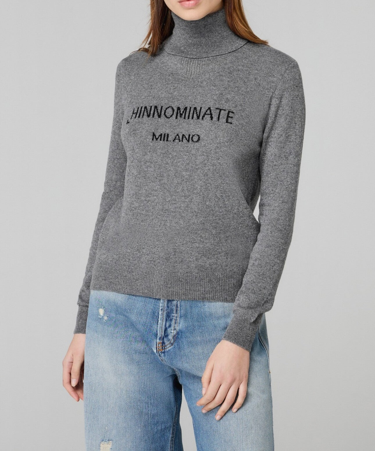 HINNOMINATE Maglia Donna Dolcevita Logo Jacquard-Grigio Melange