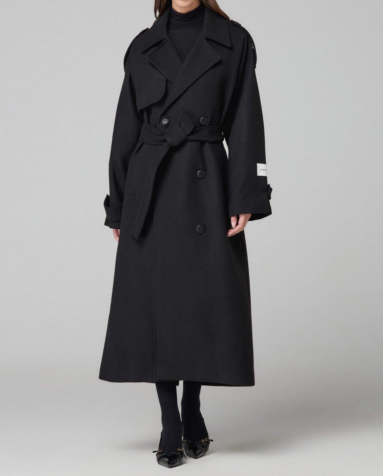 HINNOMINATE Cappotto Donna Lungo Panno Cintura-Nero