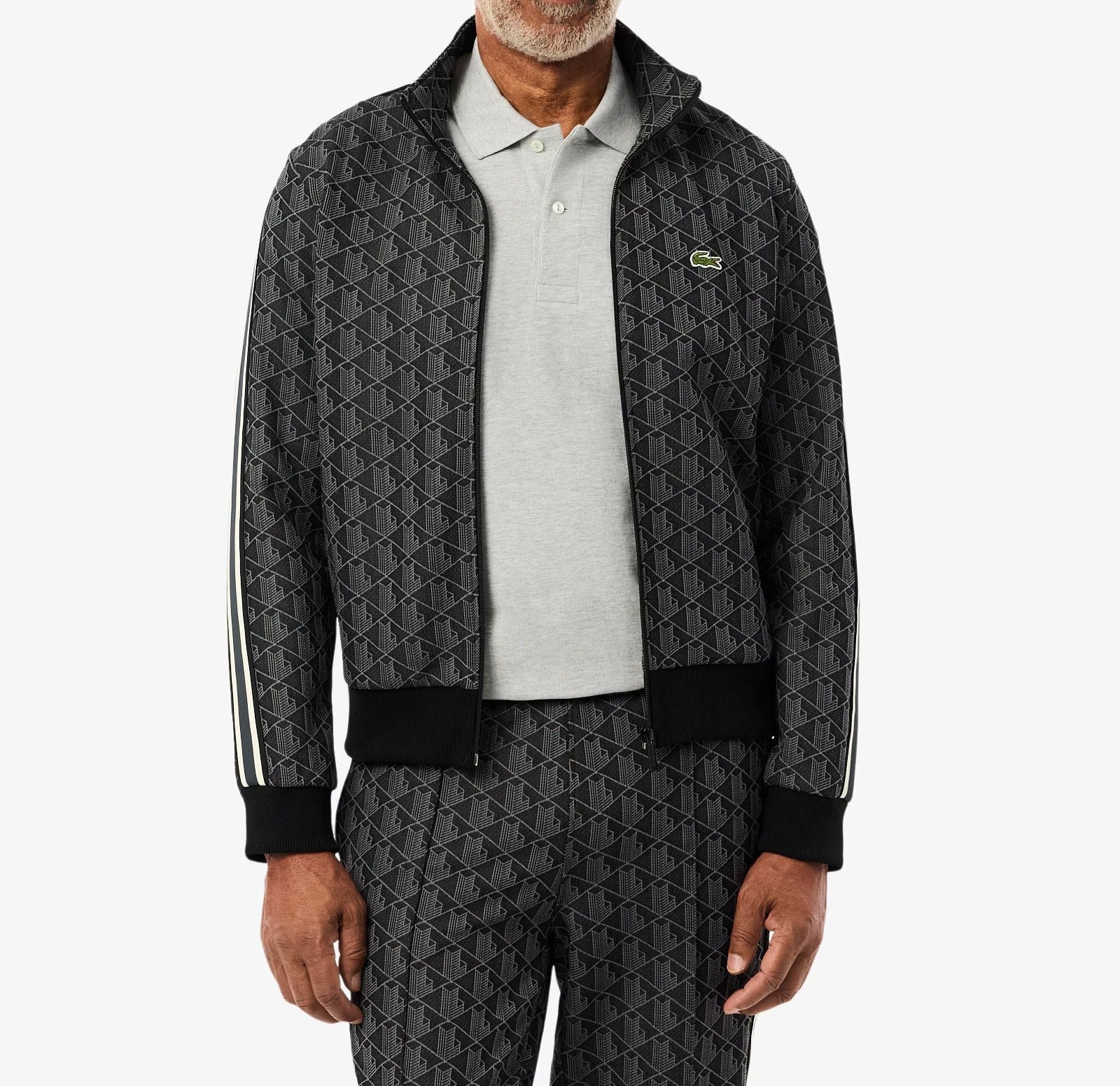 LACOSTE Felpa Uomo Jacquard Logo Zip-Nero Grigio