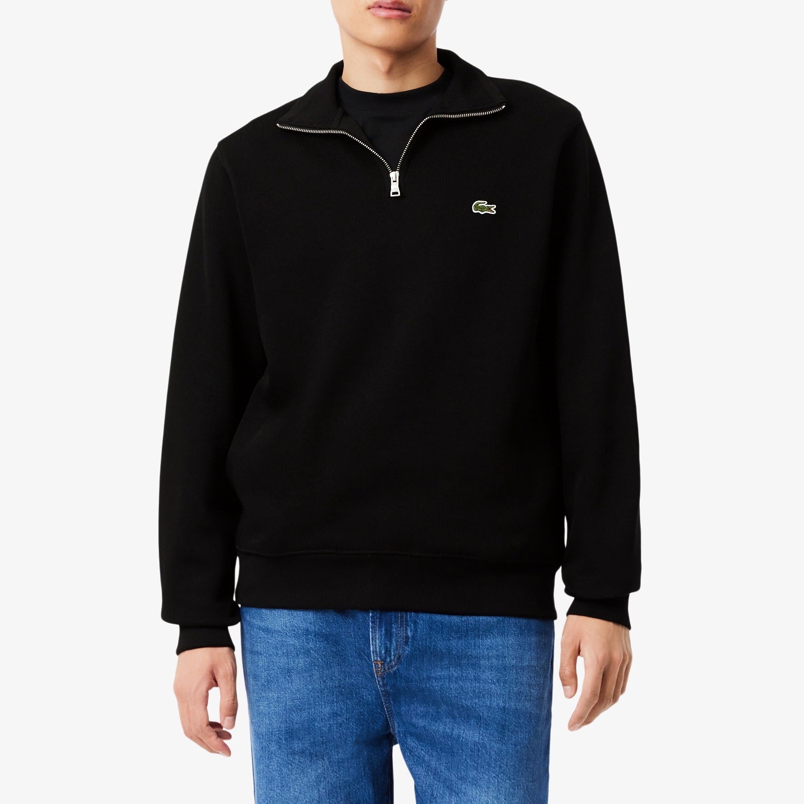 LACOSTE FELPA Uomo Interlock Cotone Mezza Zip-Nero