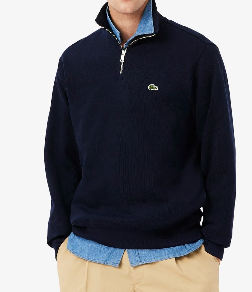 LACOSTE FELPA Uomo Interlock Cotone Mezza Zip-Blu Navy